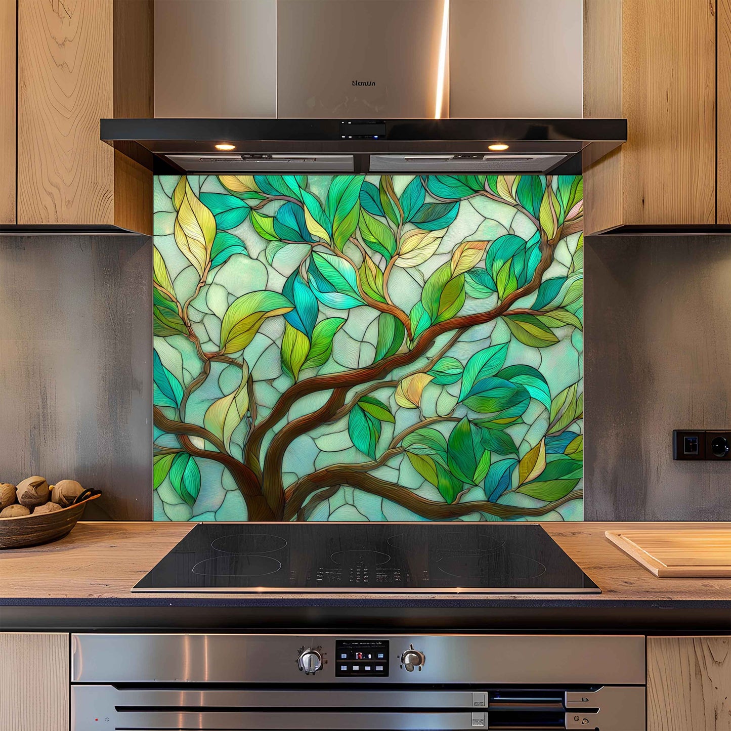 Tranquil Branches – Tempered Glass Backsplash with Tree Branch and Leaf Design