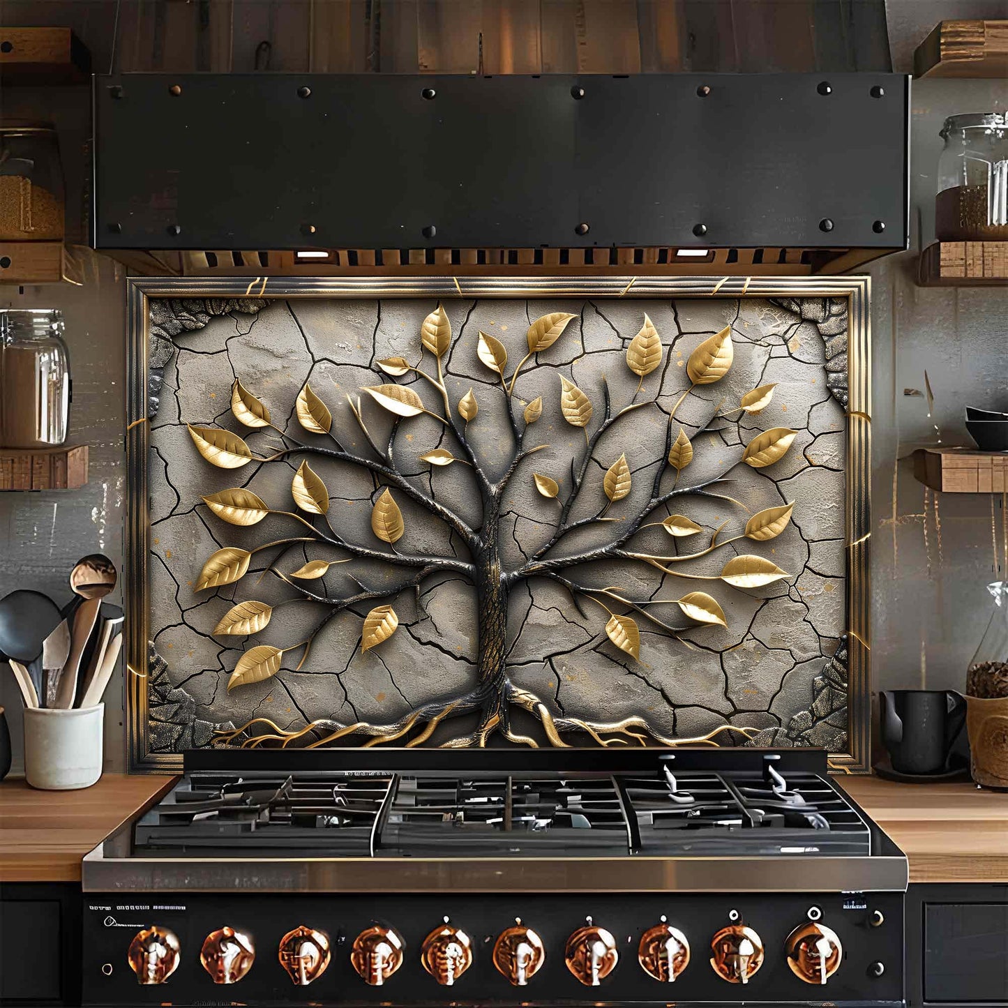 Golden Roots – Tempered Glass Backsplash for Kitchen – Tree of Life Kitchen Splashback