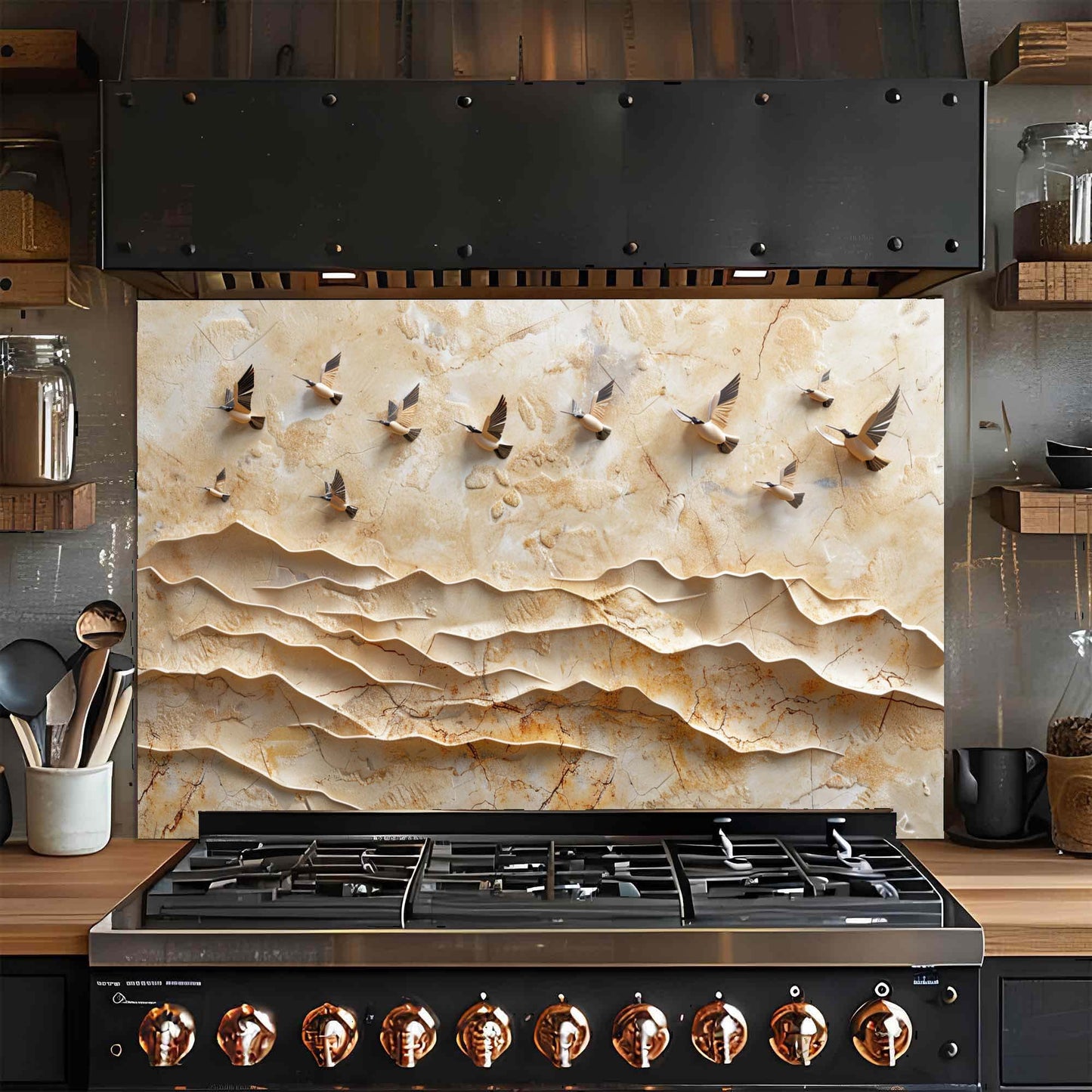 Golden Flight – Tempered Glass Backsplash for Kitchen | Flying Birds Backsplash
