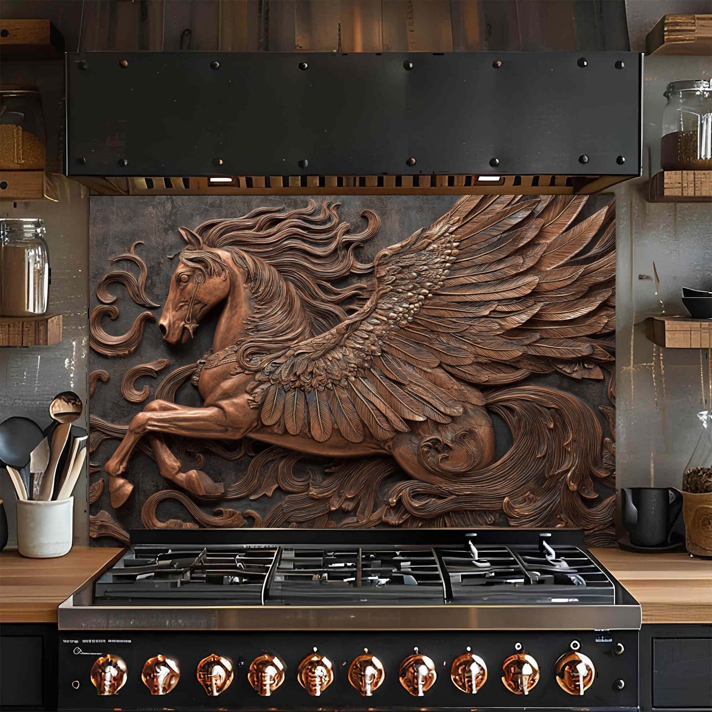 Copper Pegasus – Tempered Glass Backsplash for Kitchen Stove | Winged Horse Backsplash