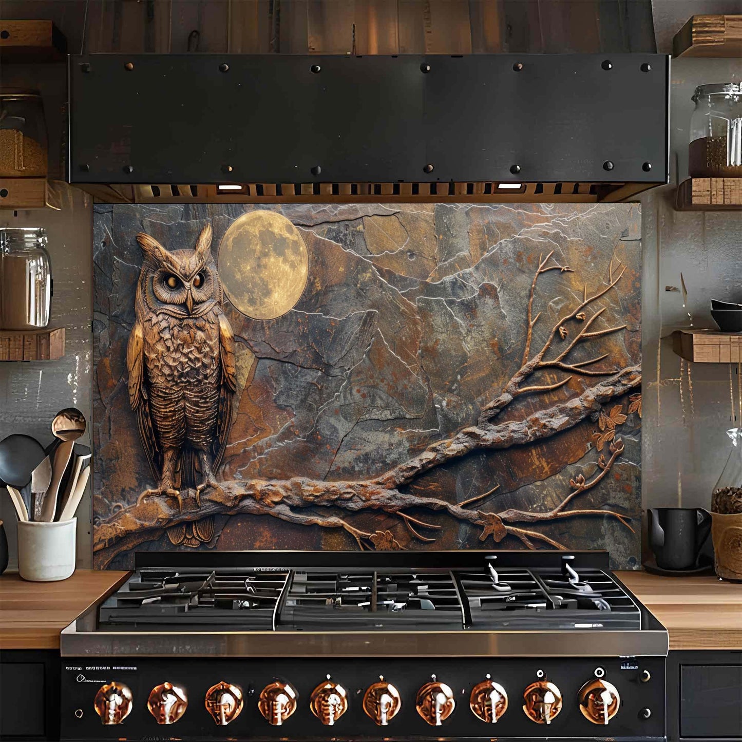 Midnight Owl Watch Tempered Glass Backsplash | Owl and Full Moon Backsplash