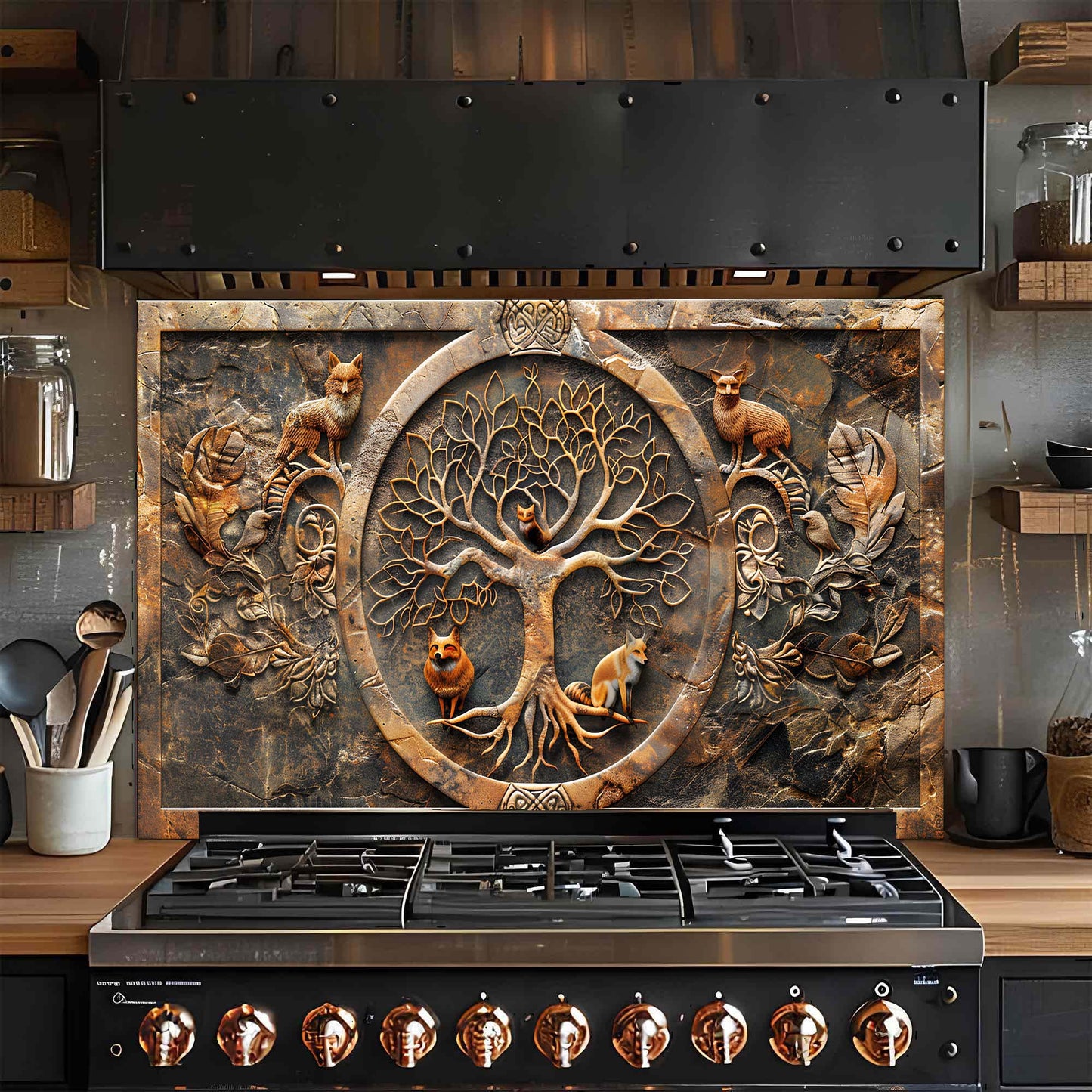 Fox Wisdom Tree – Tempered Glass Backsplash | Tree of Life with Forest Animals Backsplash