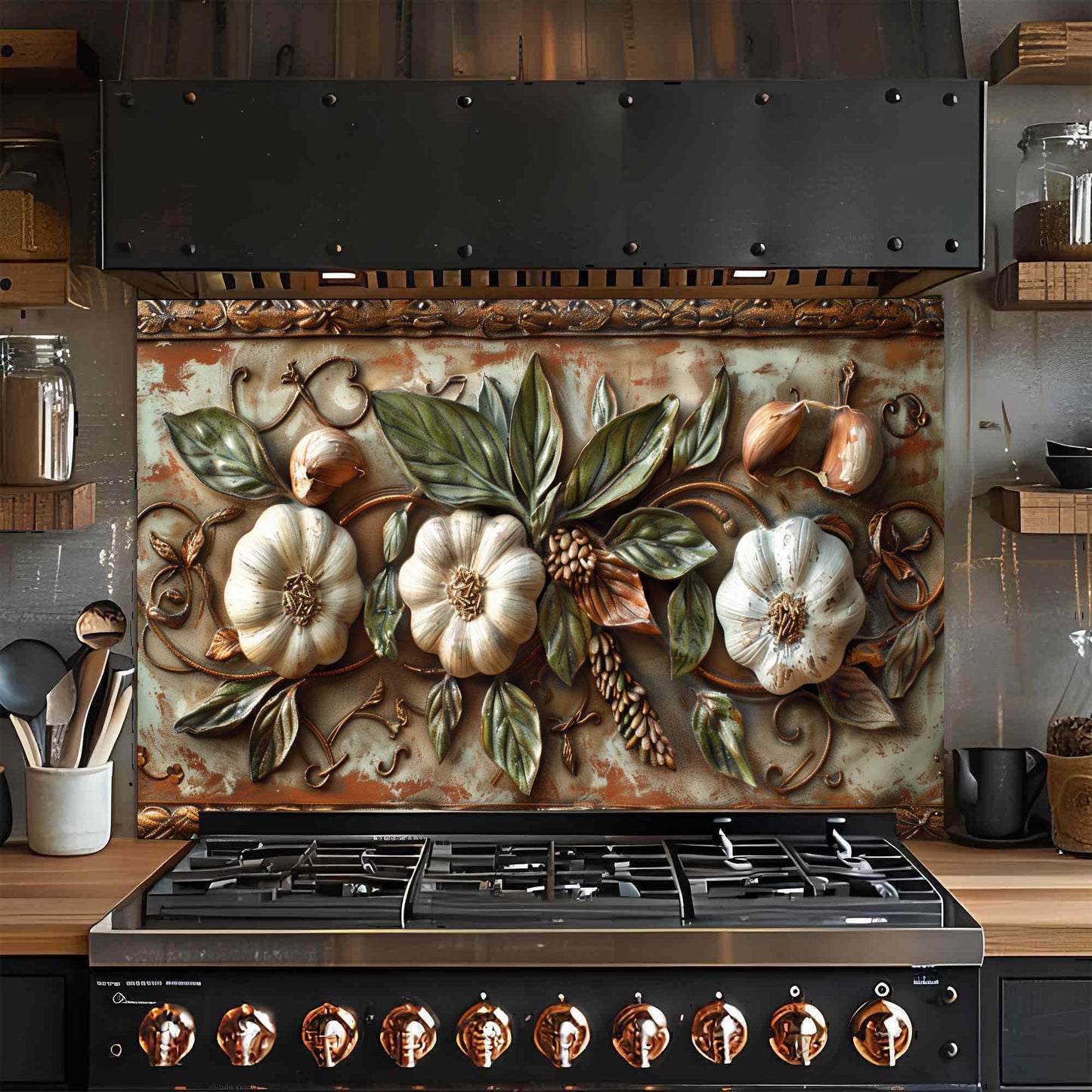 Tuscan Garlic Garden Tempered Glass Backsplash for Kitchen | Garlic & Leaf Backsplash