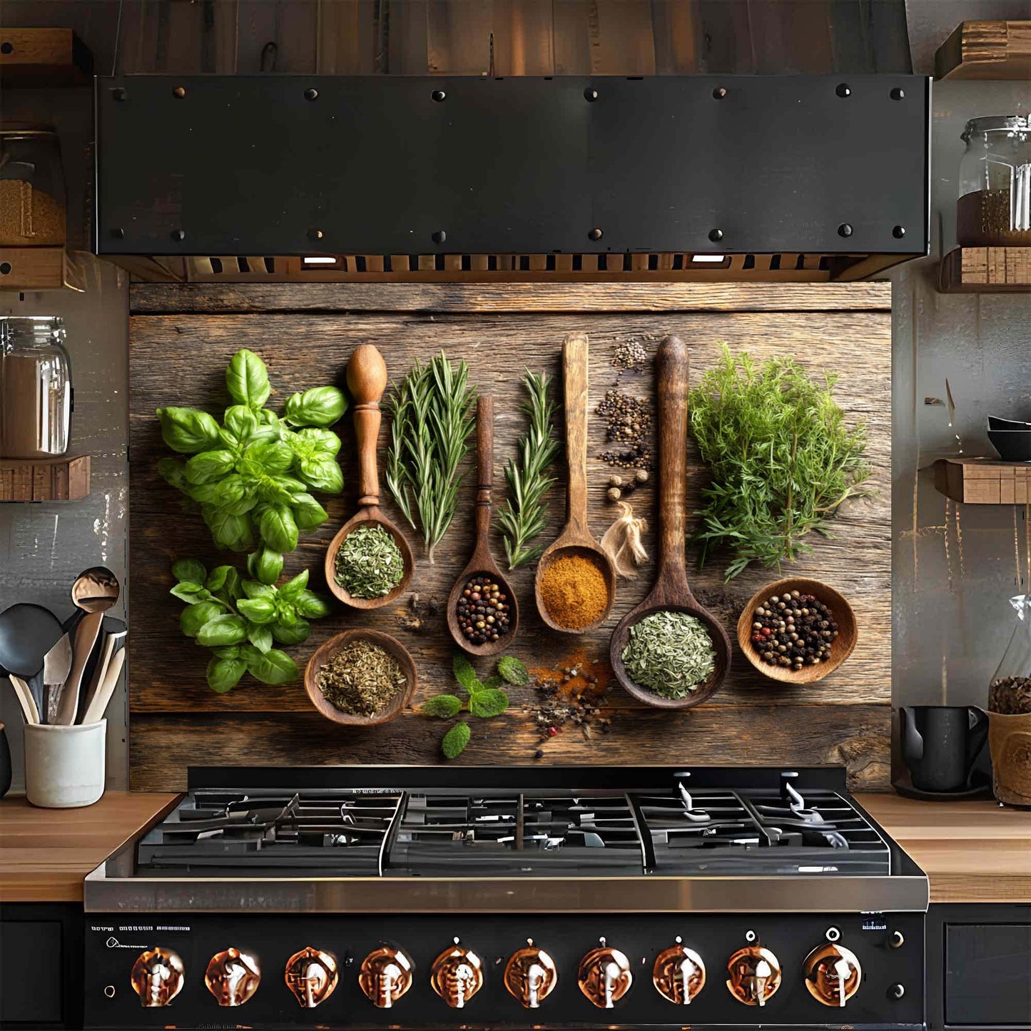Herbal Harmony – Tempered Glass Backsplash for Kitchen Stove | Rustic Botanical Backsplash