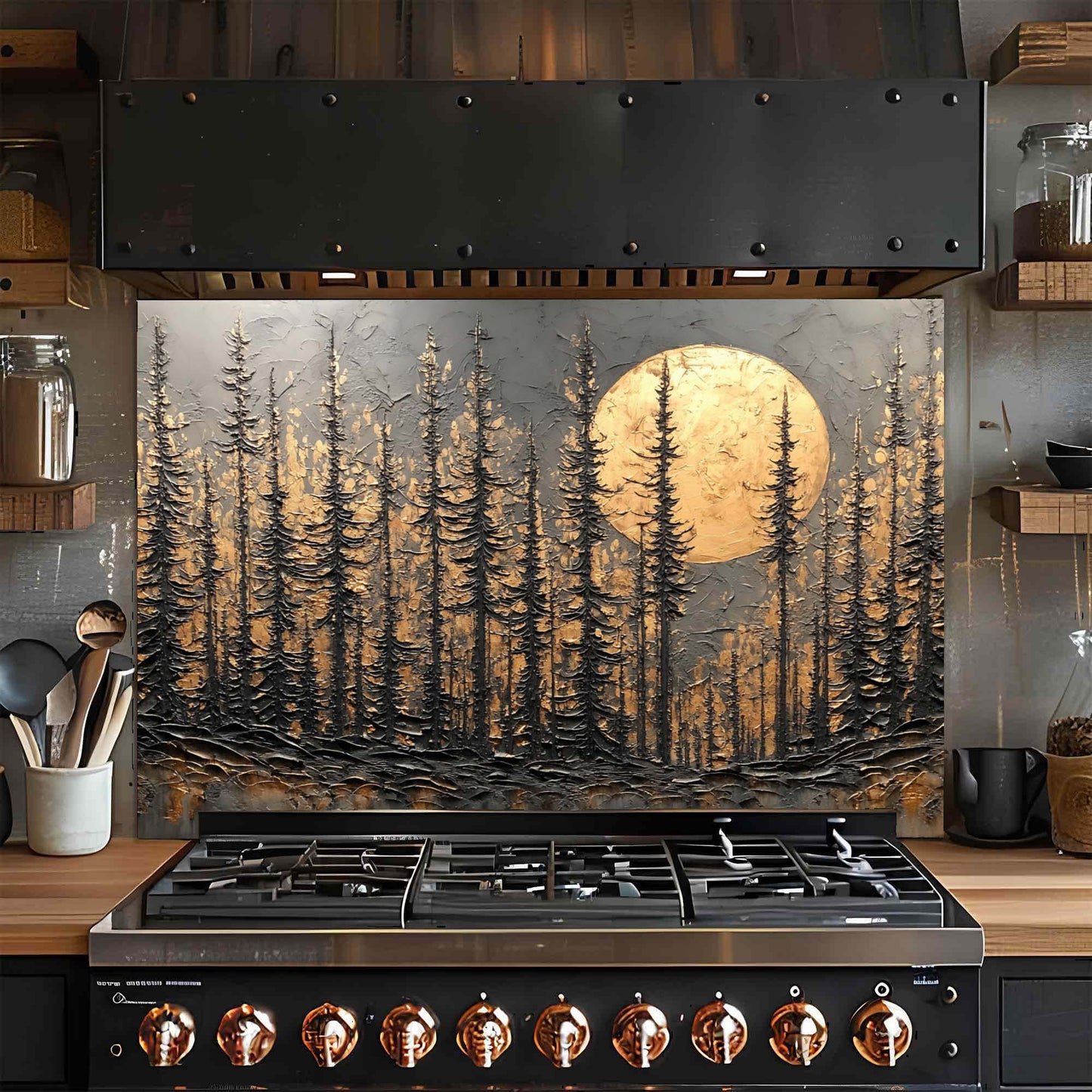 Golden Moonrise – Tempered Glass Backsplash for Stove | Dark Forest Silhouette Backsplash