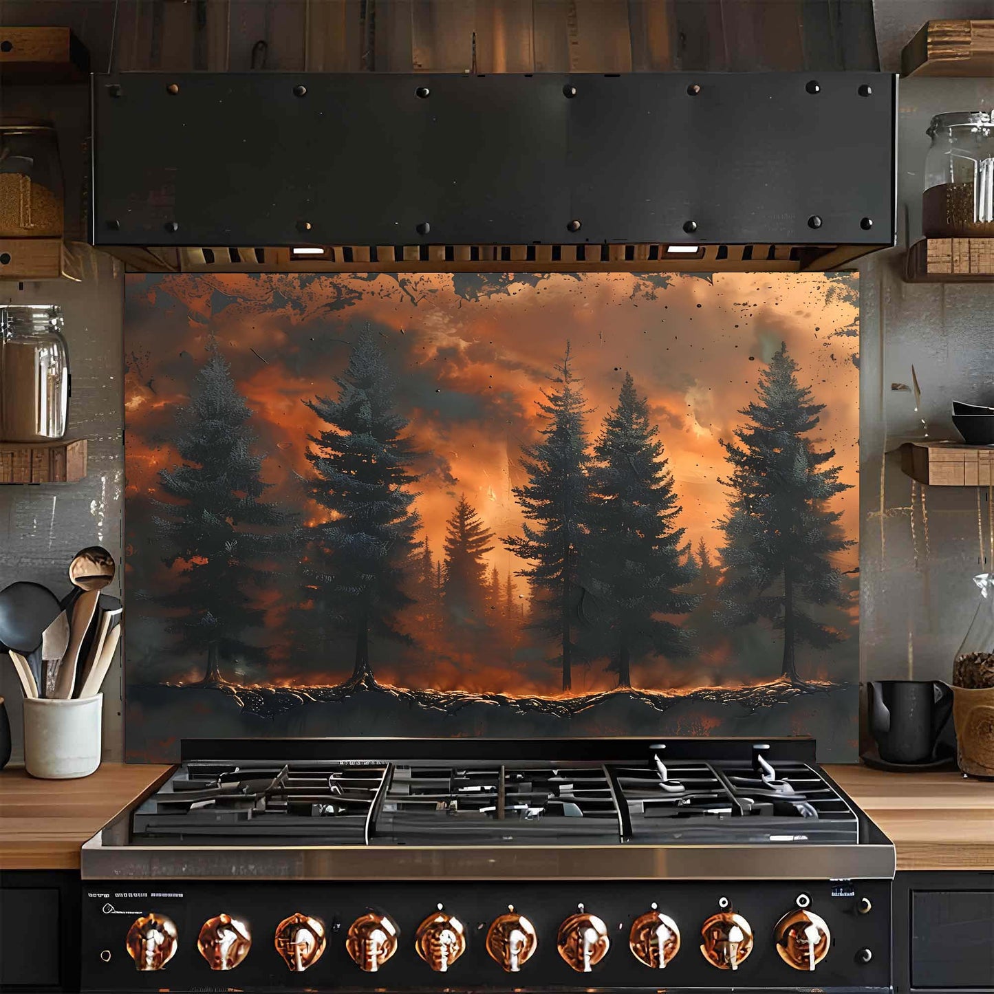 Ash Rise – Tempered Glass Backsplash for Kitchen Stove | Wild Forest in Fire Scene Backsplash