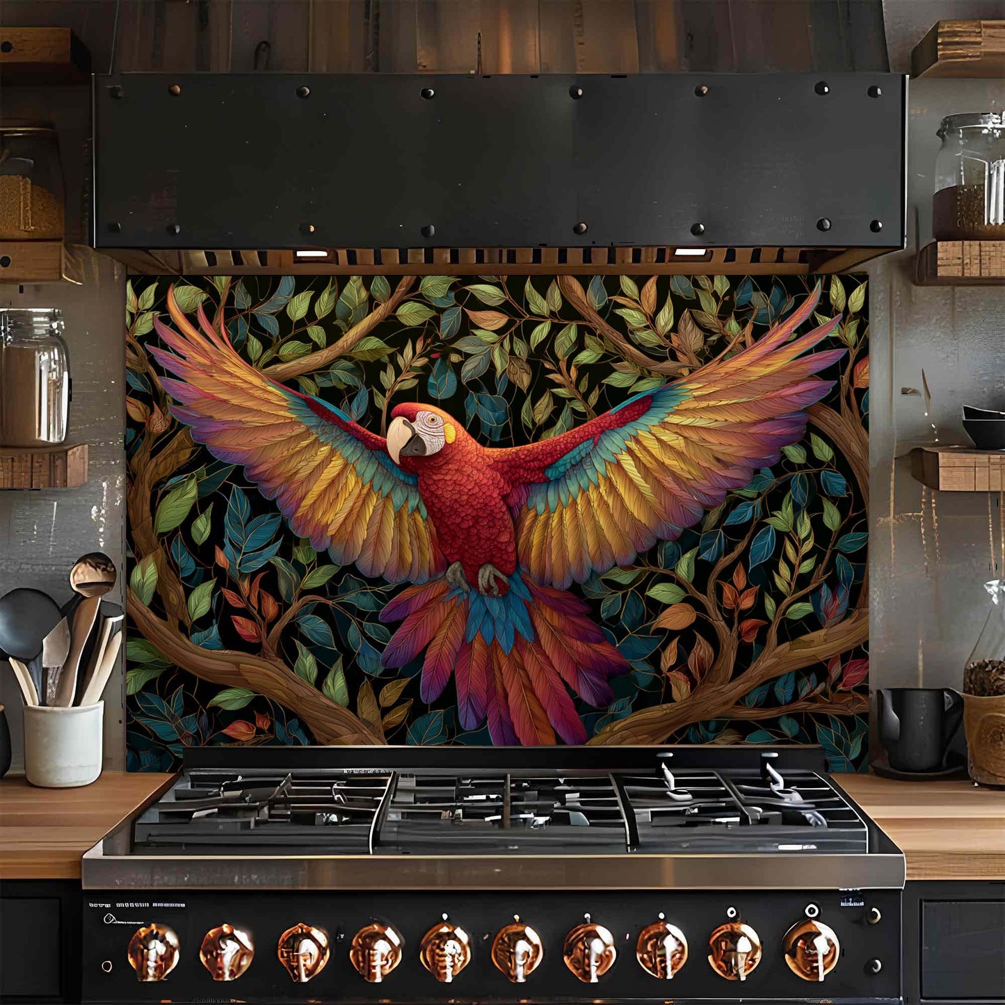 Crimson Wings – Tempered Glass Backsplash for Kitchen Stove | Parrot Jungle Backsplash