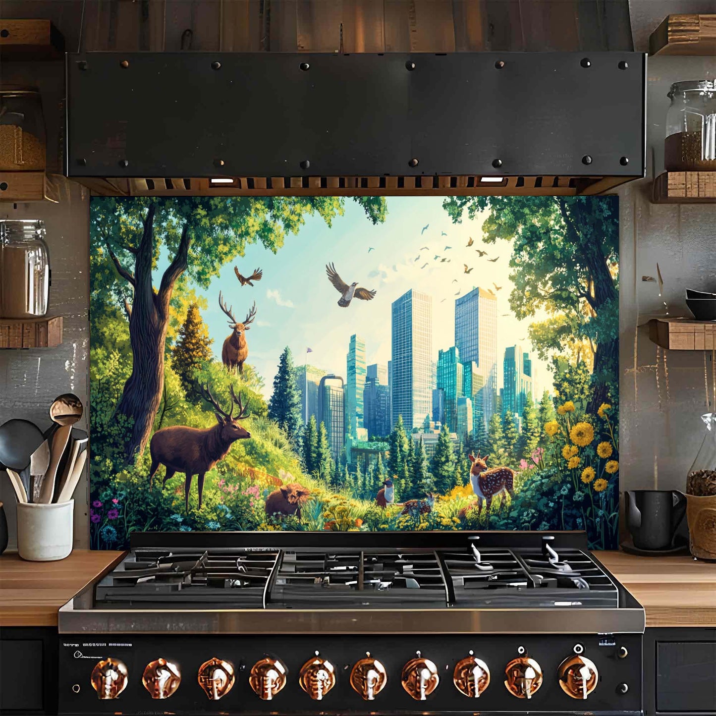 Emerald Haven – Tempered Glass Backsplash for Kitchen | Vibrant Forest City Backsplash