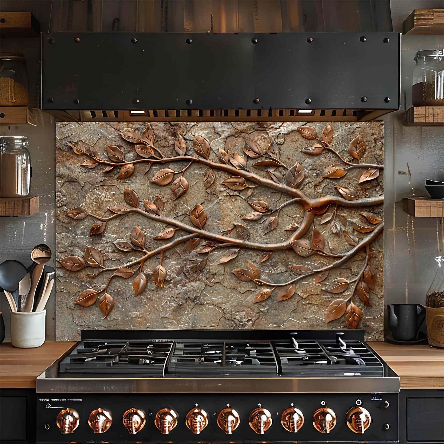 Copper Vine – Tempered Glass Backsplash for Kitchen – Copper Look Glass Backsplash