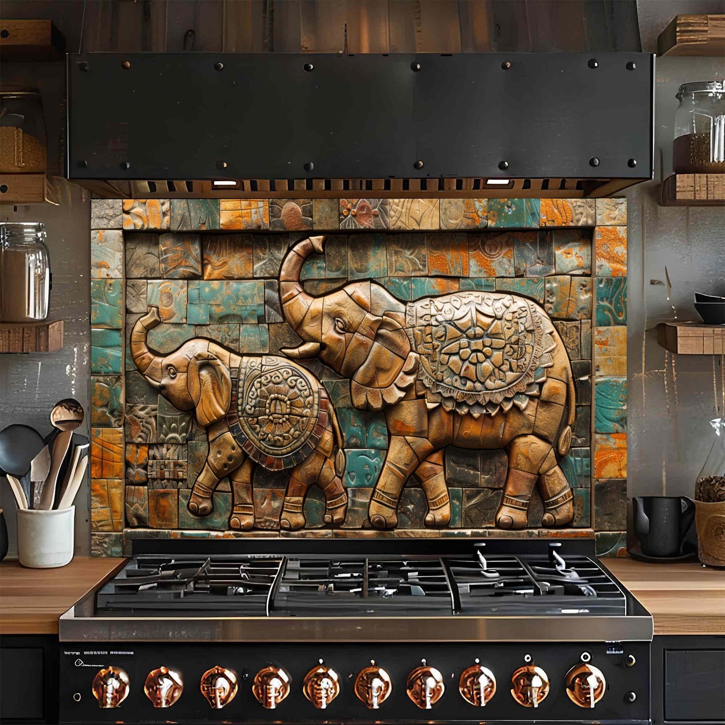 Elephant March Mosaic Tempered Glass Backsplash | Artistic Stove Glass Backsplash