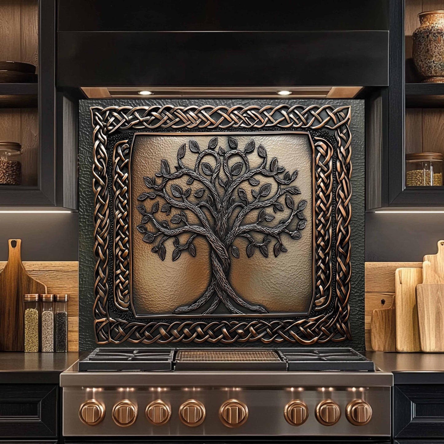 Custom Kitchen Backsplash – Celtic Roots Tempered Glass Stove Backsplash