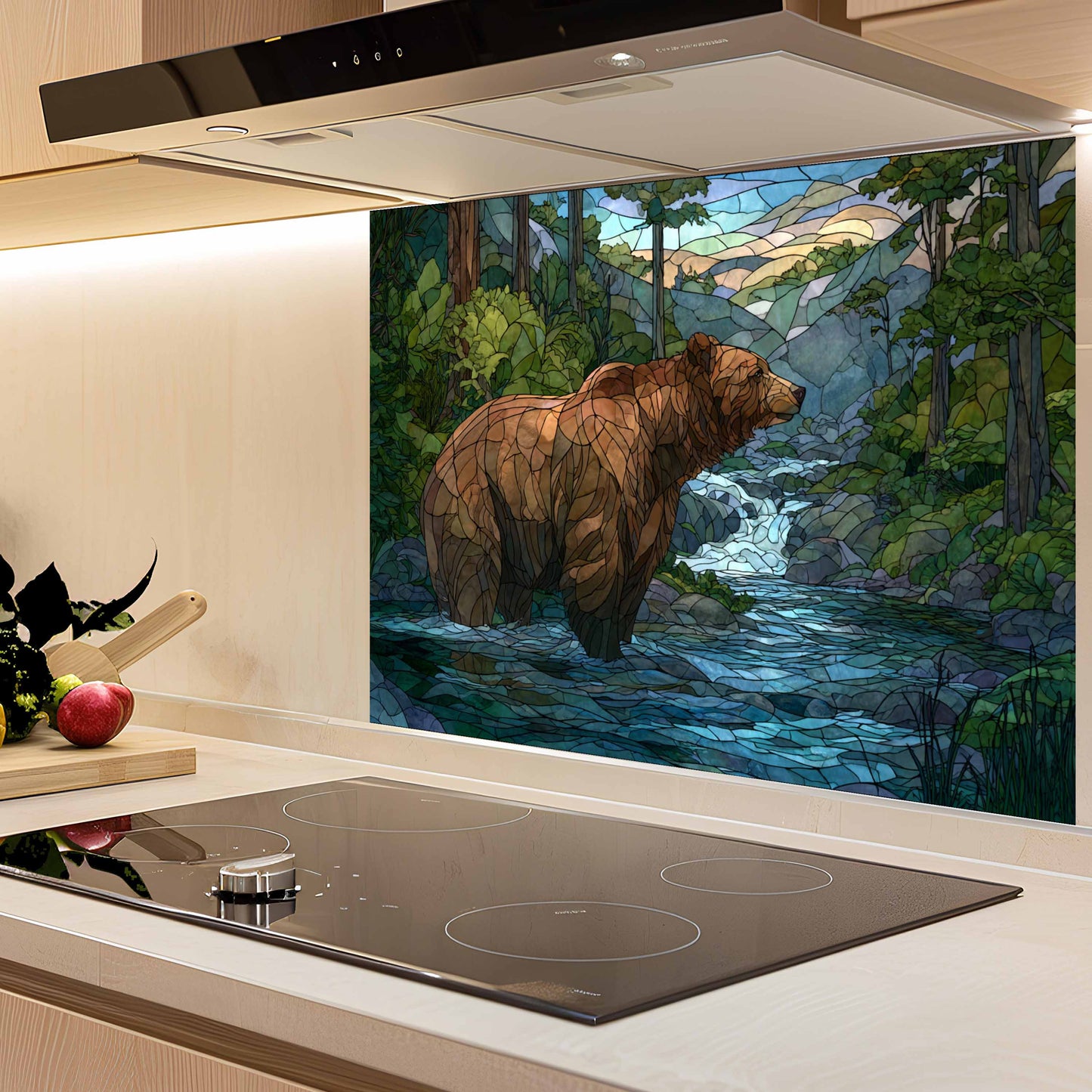 Forest Stream with Bear – Tempered Glass Backsplash For Lodge Kitchens