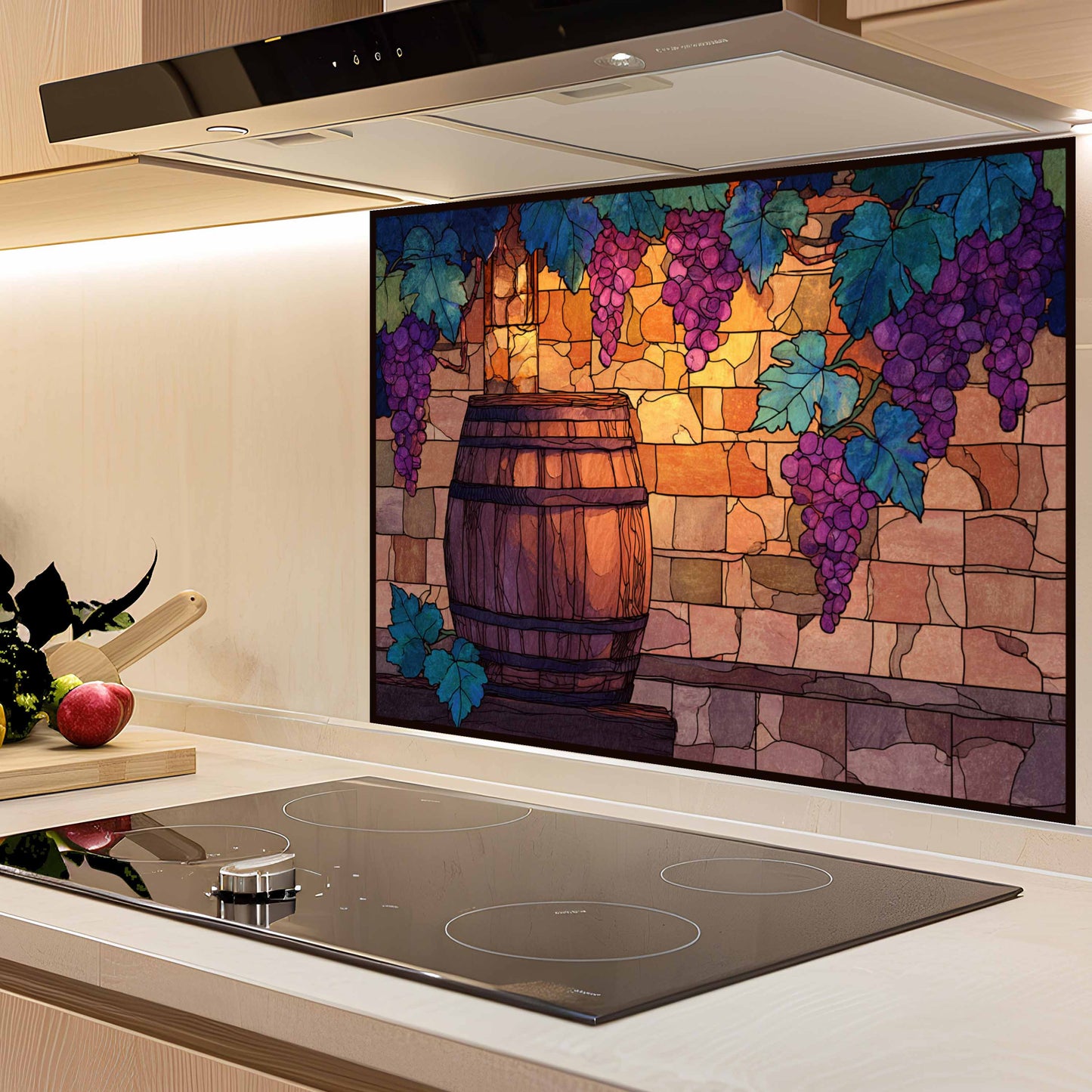 Tempered Glass Backsplash for Kitchen | Rustic Wine Barrel & Vineyard Grape Design