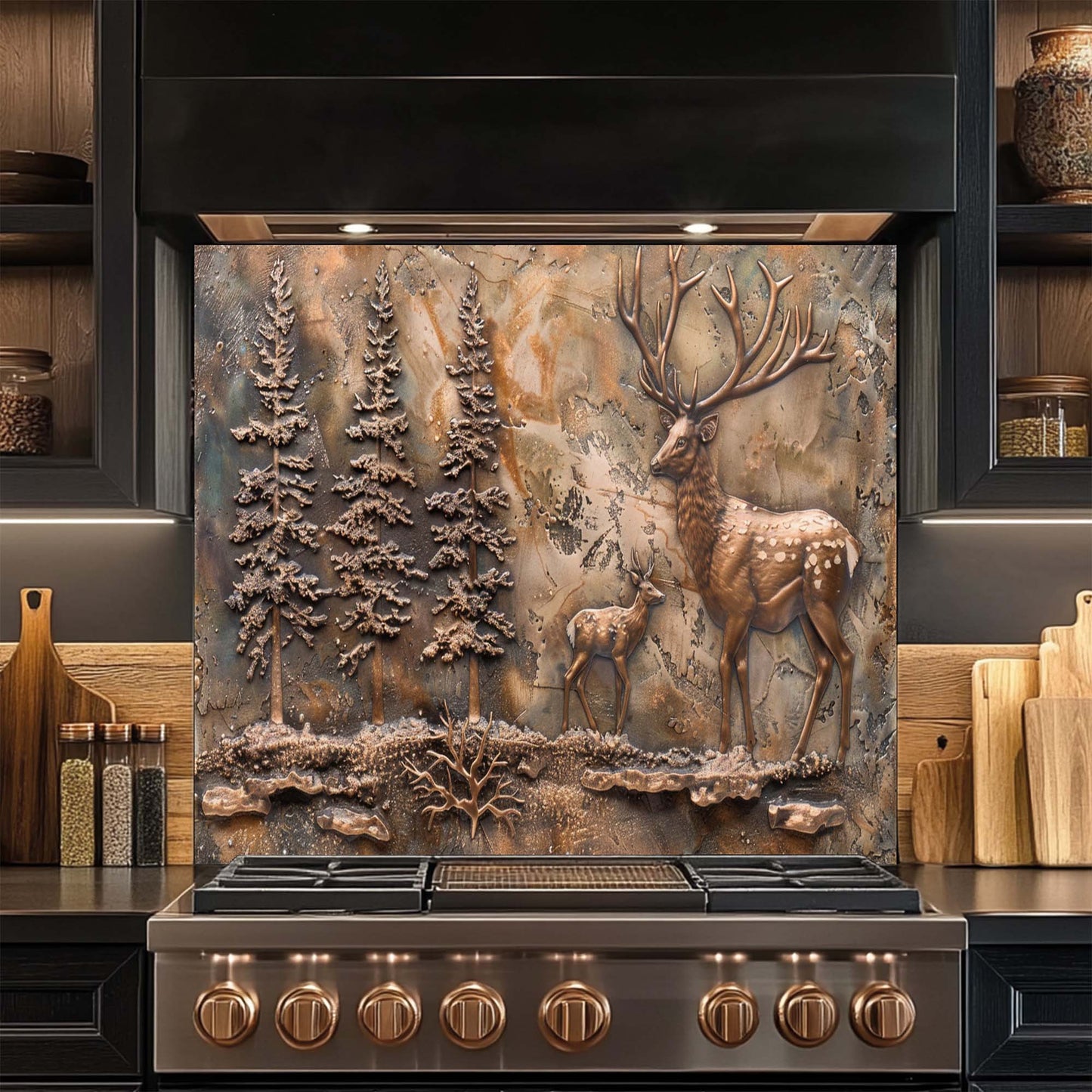 Bronze Elk Scene – Tempered Glass Backsplash for Kitchen | Forest Deer Stove Backsplash