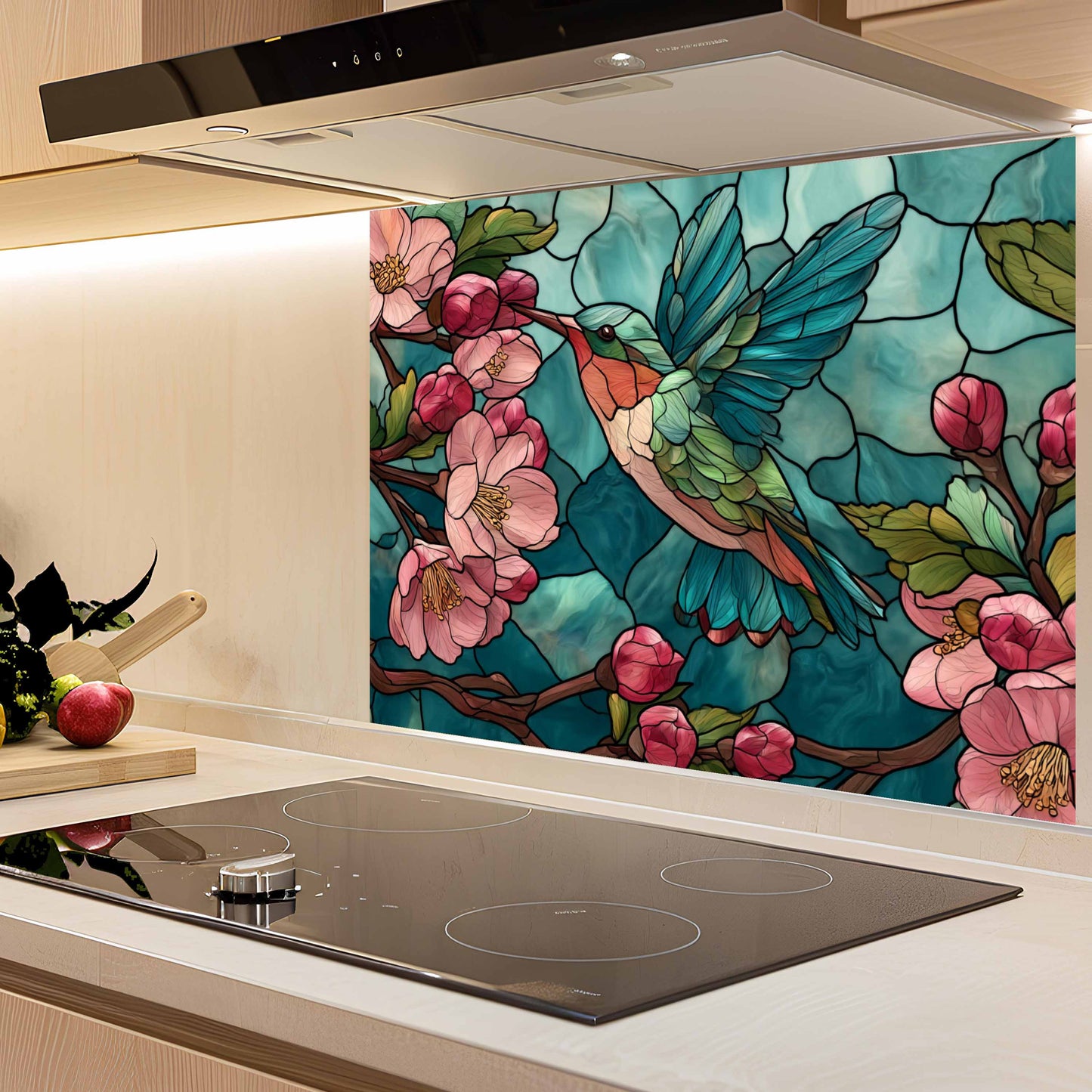 Blossom Nectar – Tempered Glass Kitchen Backsplash with Hummingbird