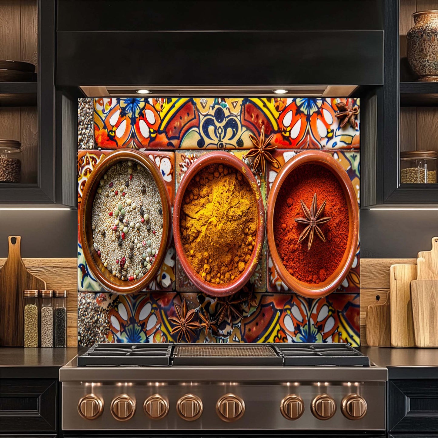 Spice Harmony – Tempered Glass Backsplash for Kitchen | Colorful Spice Bowls Backsplash