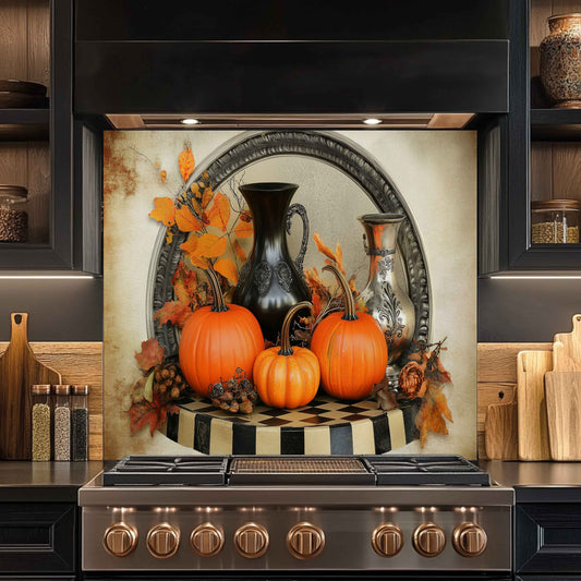Autumn Harvest Tempered Glass Backsplash – Vintage Pumpkin Kitchen Wall Art