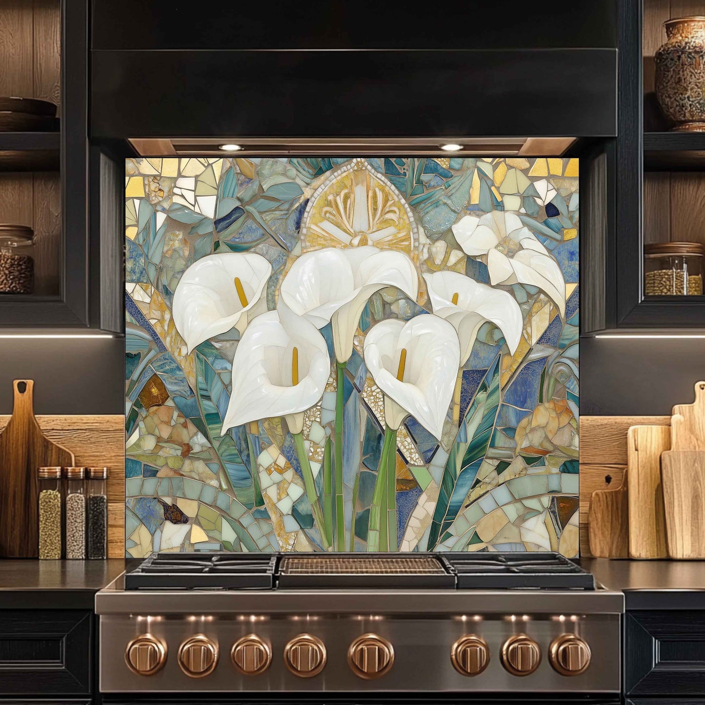 Kitchen Glass Backsplash with Calla Bloom Mosaic Design