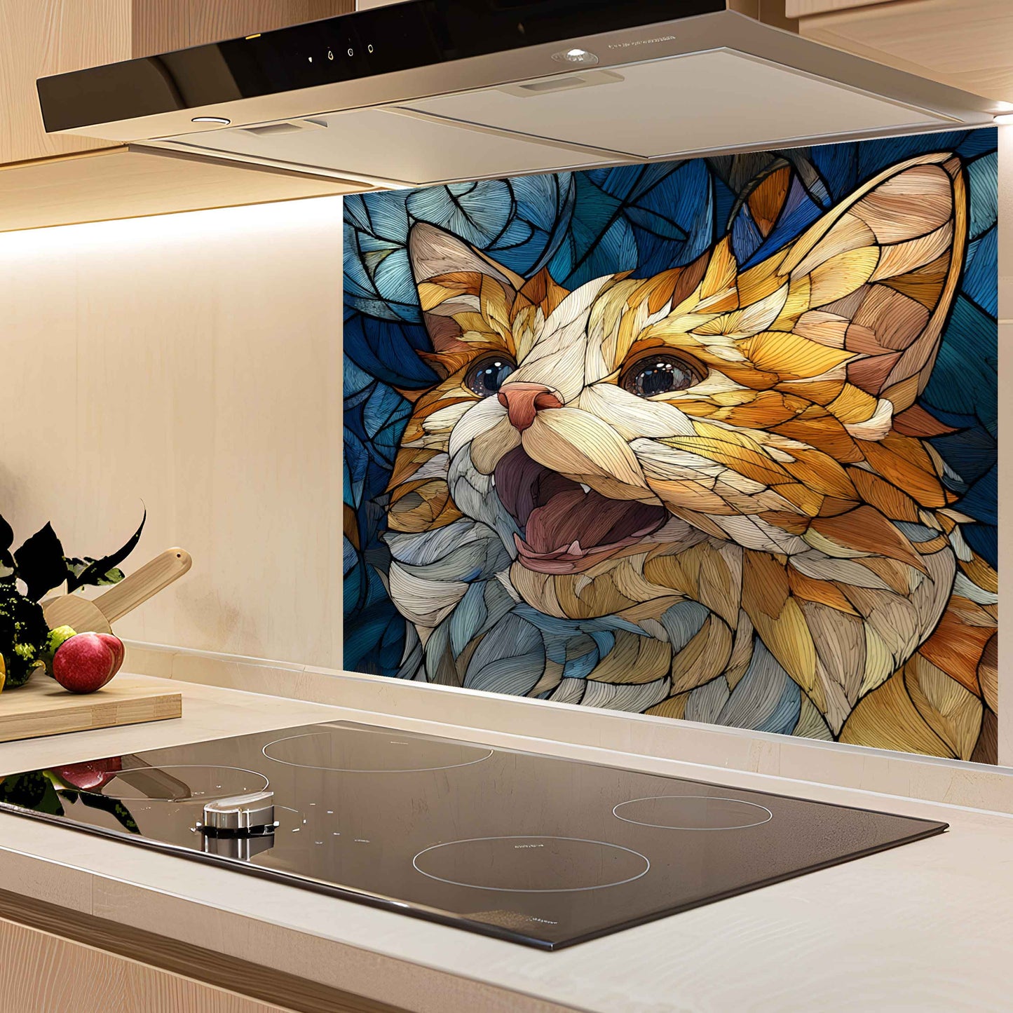 Whisker Joy Tempered Glass Backsplash – Mosaic Look Cat Art for Kitchen