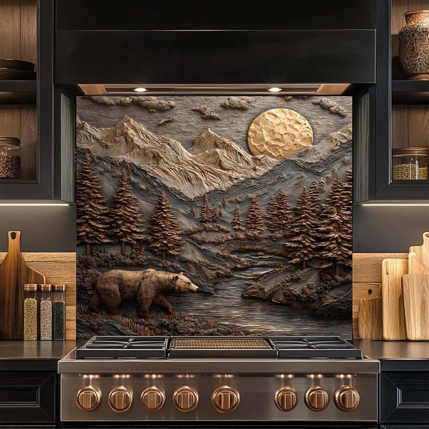 Bronze Mountain Bear – Tempered Glass Backsplash for Kitchen – Copper Look Backsplash