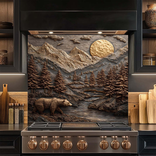 Bronze Mountain Bear – Tempered Glass Backsplash for Kitchen – Copper Look Backsplash