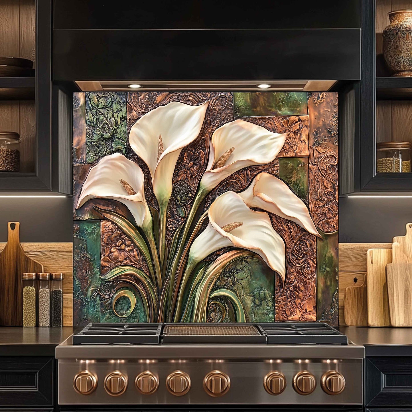Tempered Glass Kitchen Backsplash With Bronze Calla Bloom Design