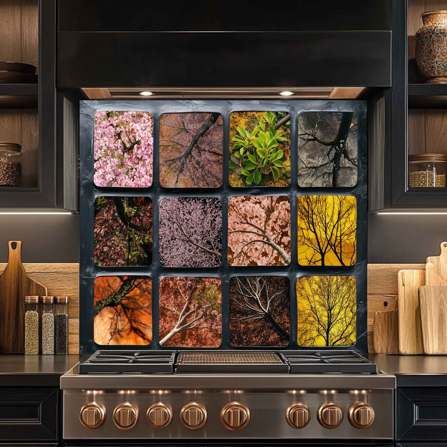 Seasonal Canopy – Tempered Glass Backsplash for Kitchen | Floral Tree Silhouette Abstract