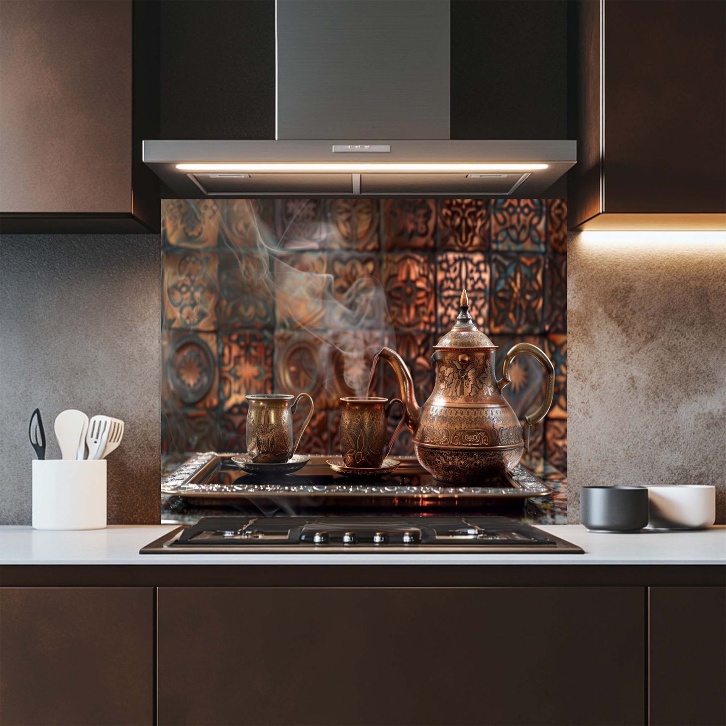 Copper Coffee Ritual – Tempered Glass Backsplash | Turkish Coffee Set Kitchen Backsplash