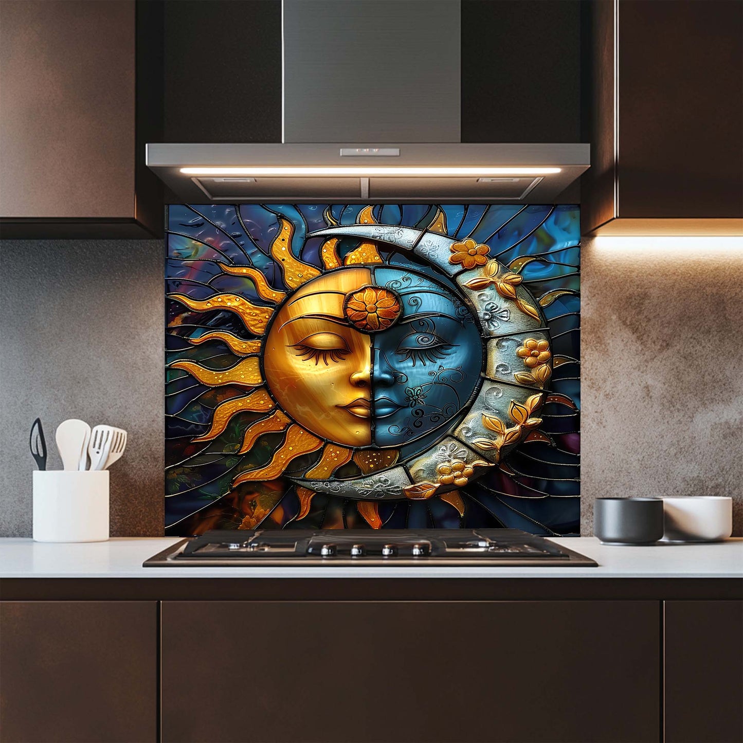 Celestial Harmony – Tempered Glass Backsplash for Kitchen Stove | Sun and Moon Backsplash