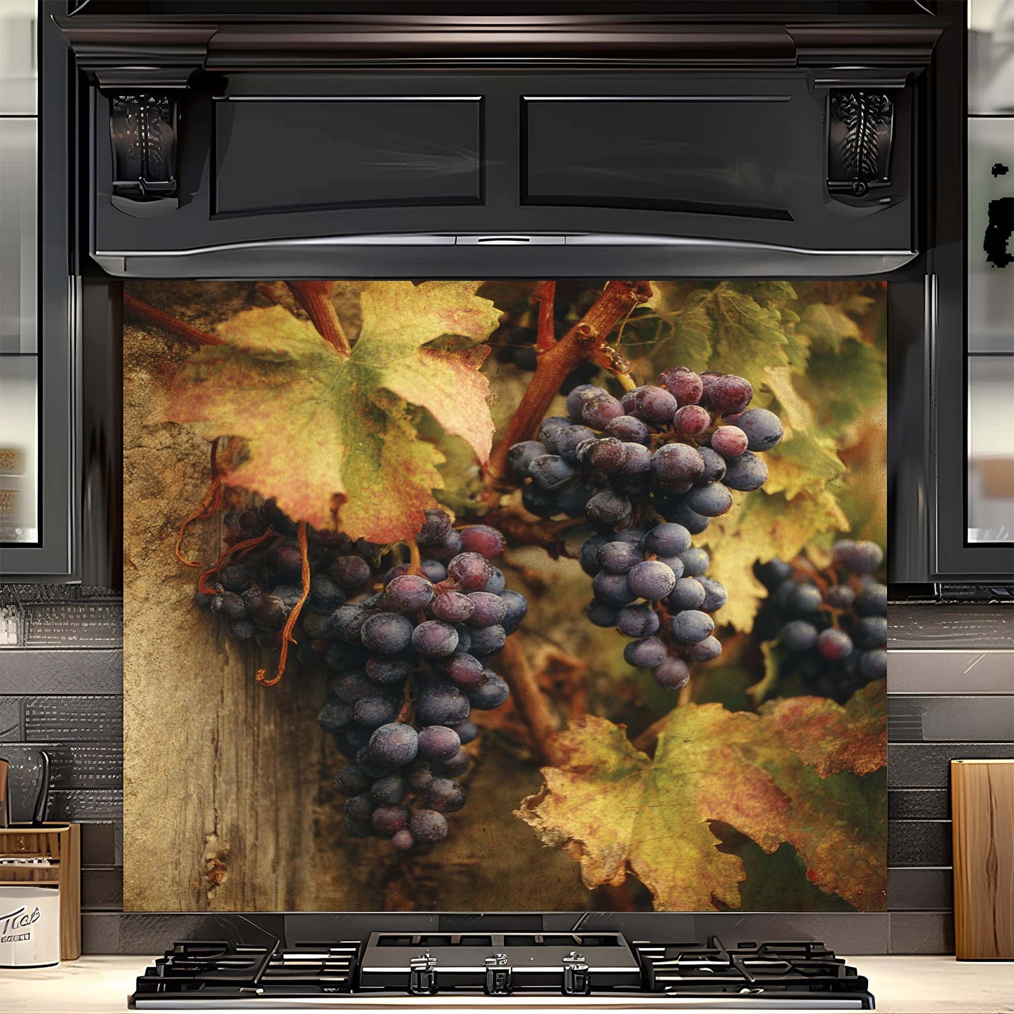 Tuscan Vineyard – Tempered Glass Backsplash for Kitchen – Rustic Wine Grapes Splashback