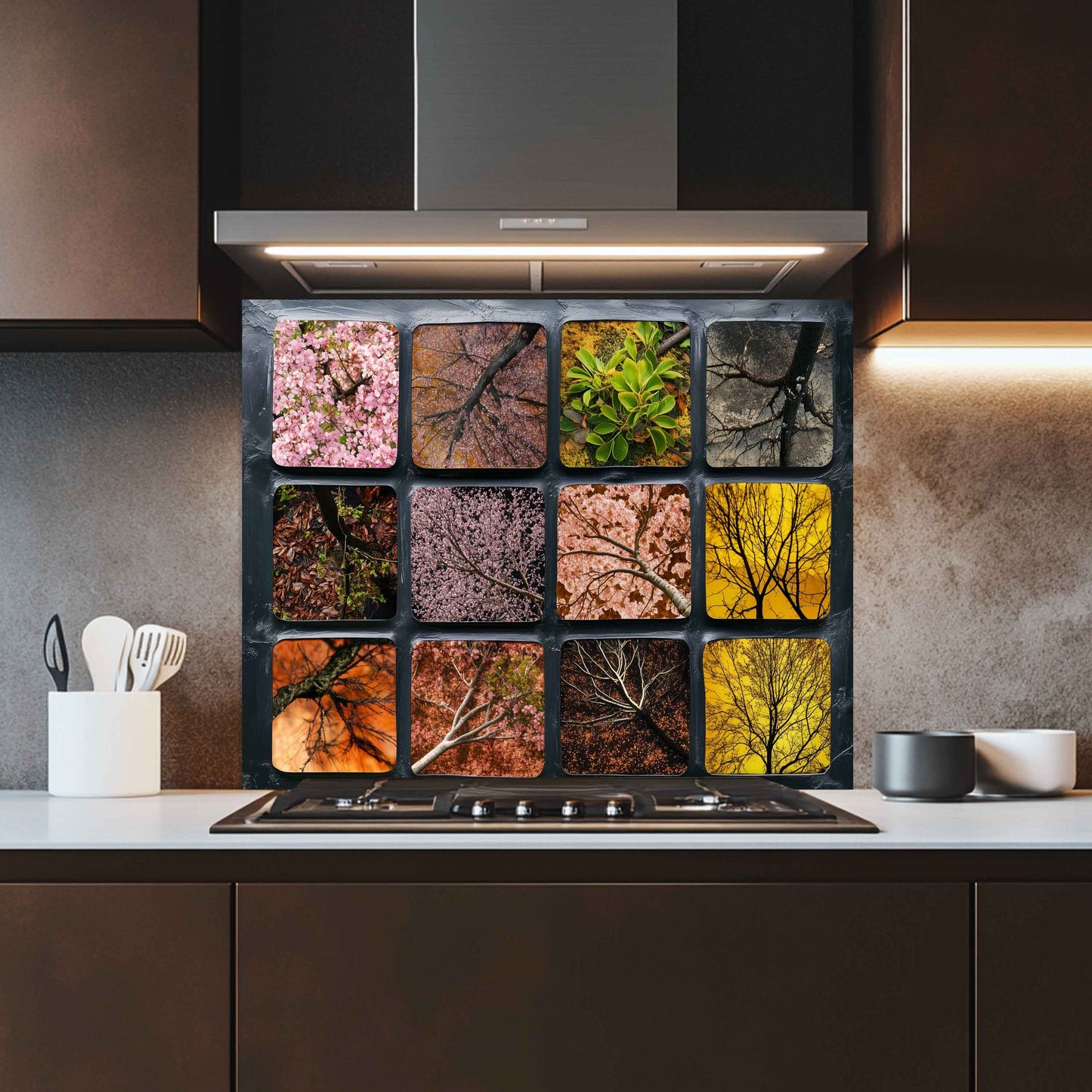 Seasonal Canopy – Tempered Glass Backsplash for Kitchen | Floral Tree Silhouette Abstract