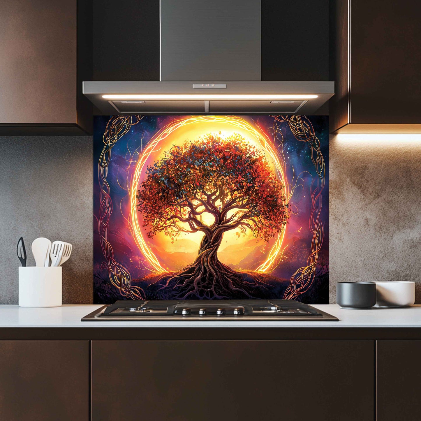 Custom Kitchen Backsplash – Eternal Roots Tempered Glass Stove Backsplash