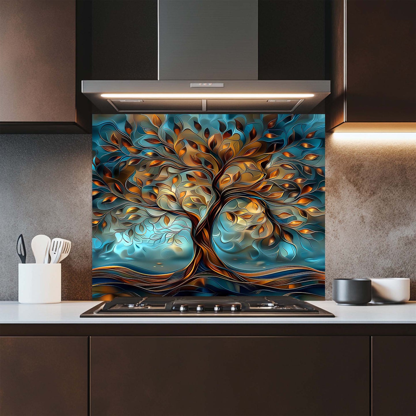 Copper Roots – Tempered Glass Backsplash for Kitchen Stove | Tree of Life Backsplash