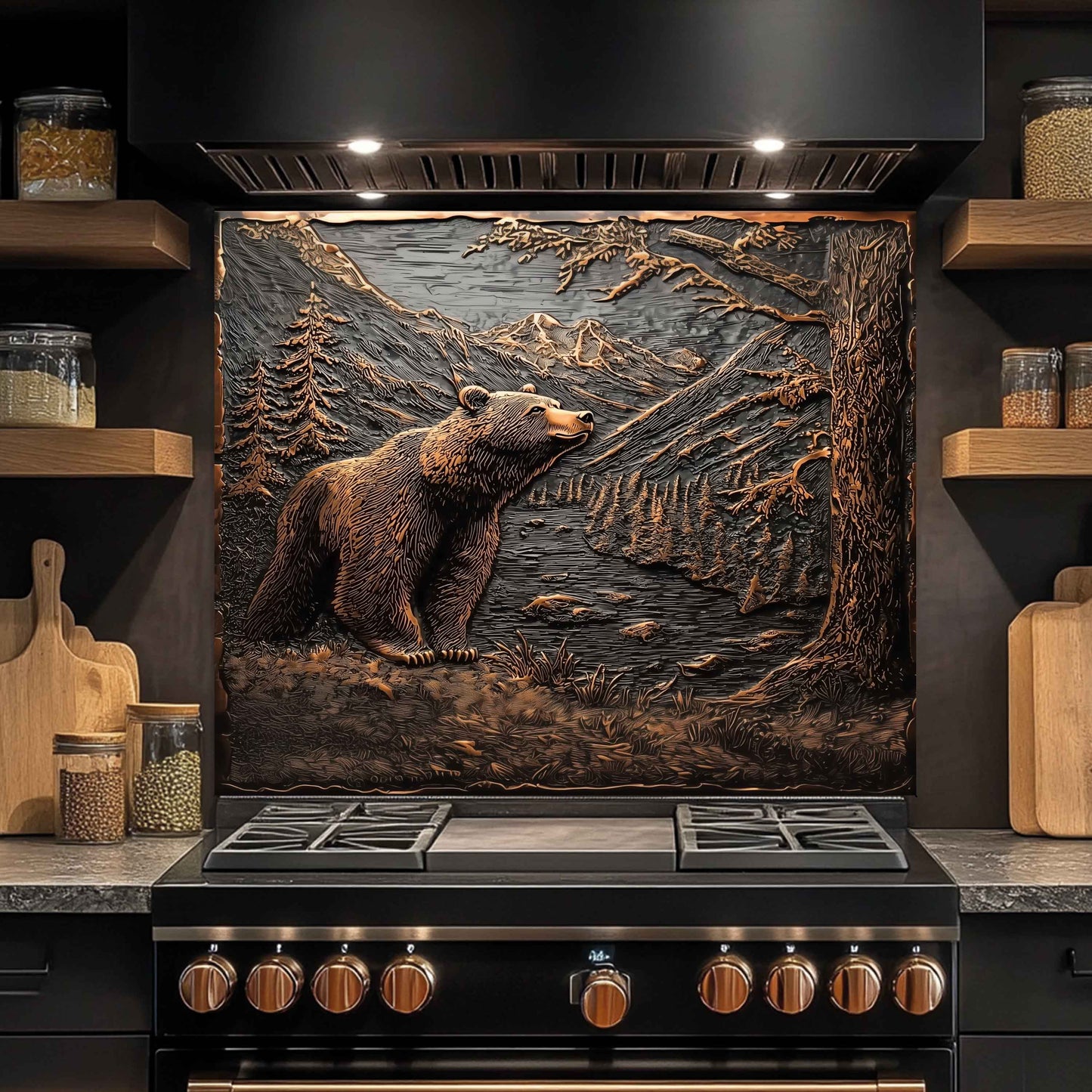 Mountain Whisper Tempered Glass Backsplash – Bear in Forest Kitchen Backsplash Panel