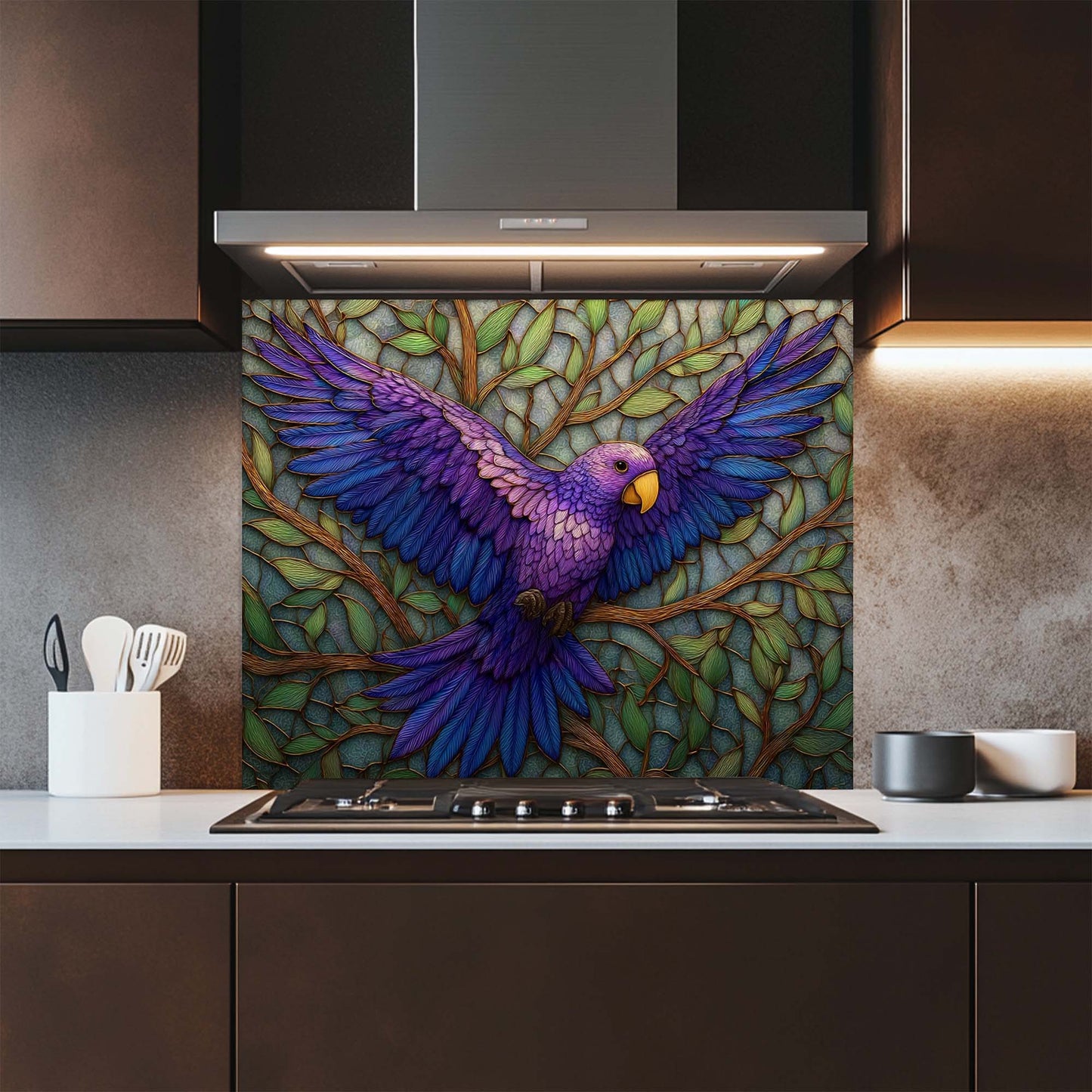 Violet Flight – Tempered Glass Backsplash for Kitchen Stove | Purple Bird Mosaic Backsplash