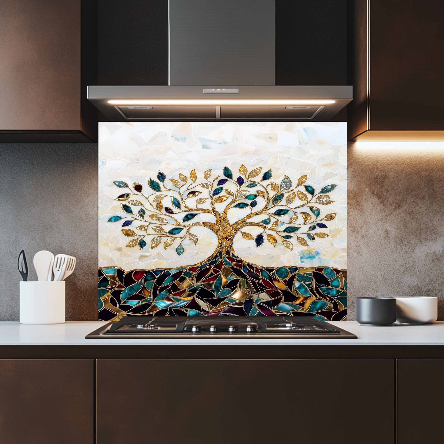 Custom Kitchen Backsplash – Gem Roots Tempered Glass Stove Backsplash