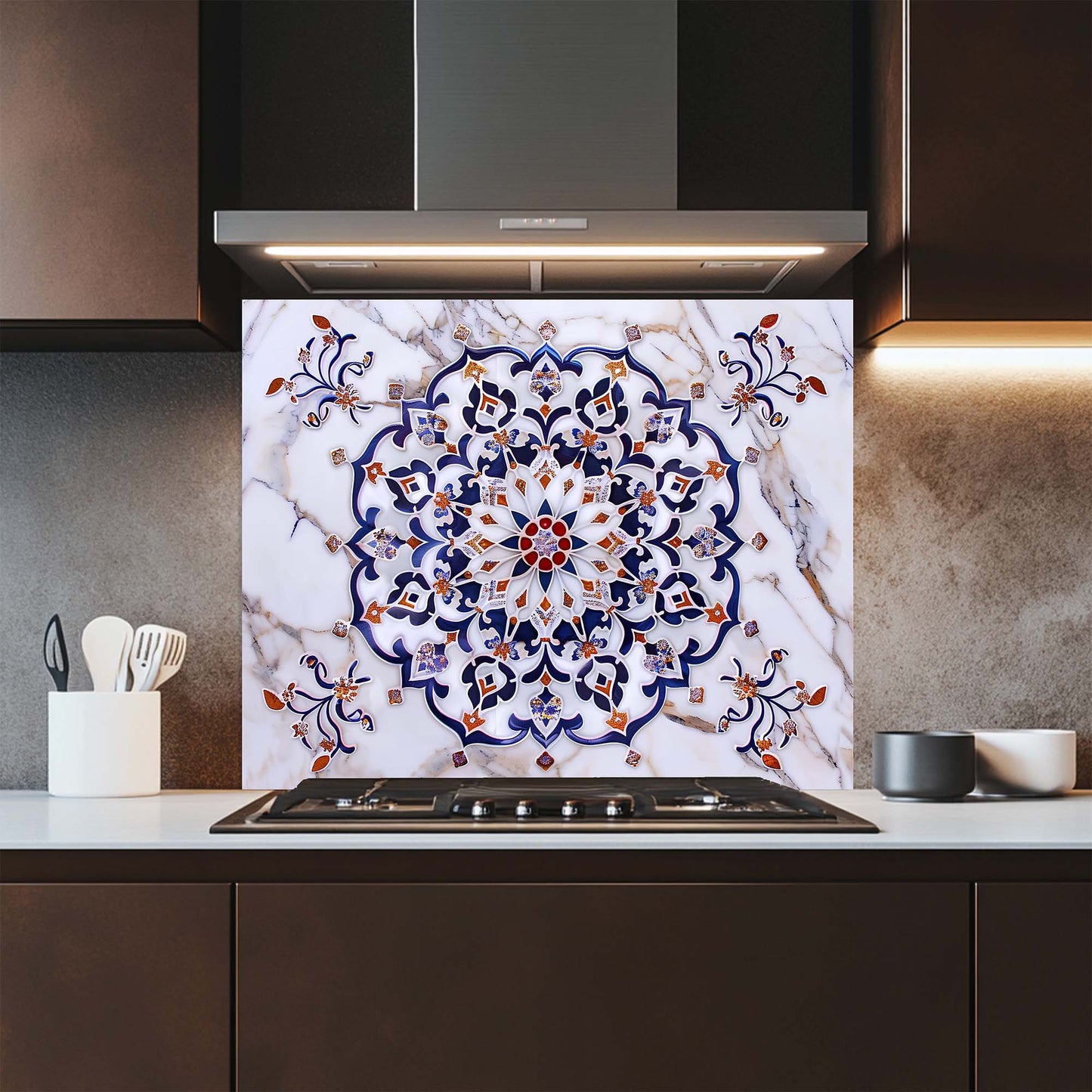 Imperial Mosaic – Tempered Glass Backsplash for Kitchen – Blue & Gold Mandala Splashback