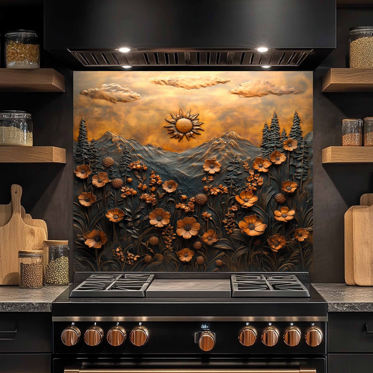 Golden Bloom Tempered Glass Backsplash – Floral Mountain Kitchen Stove Splashback