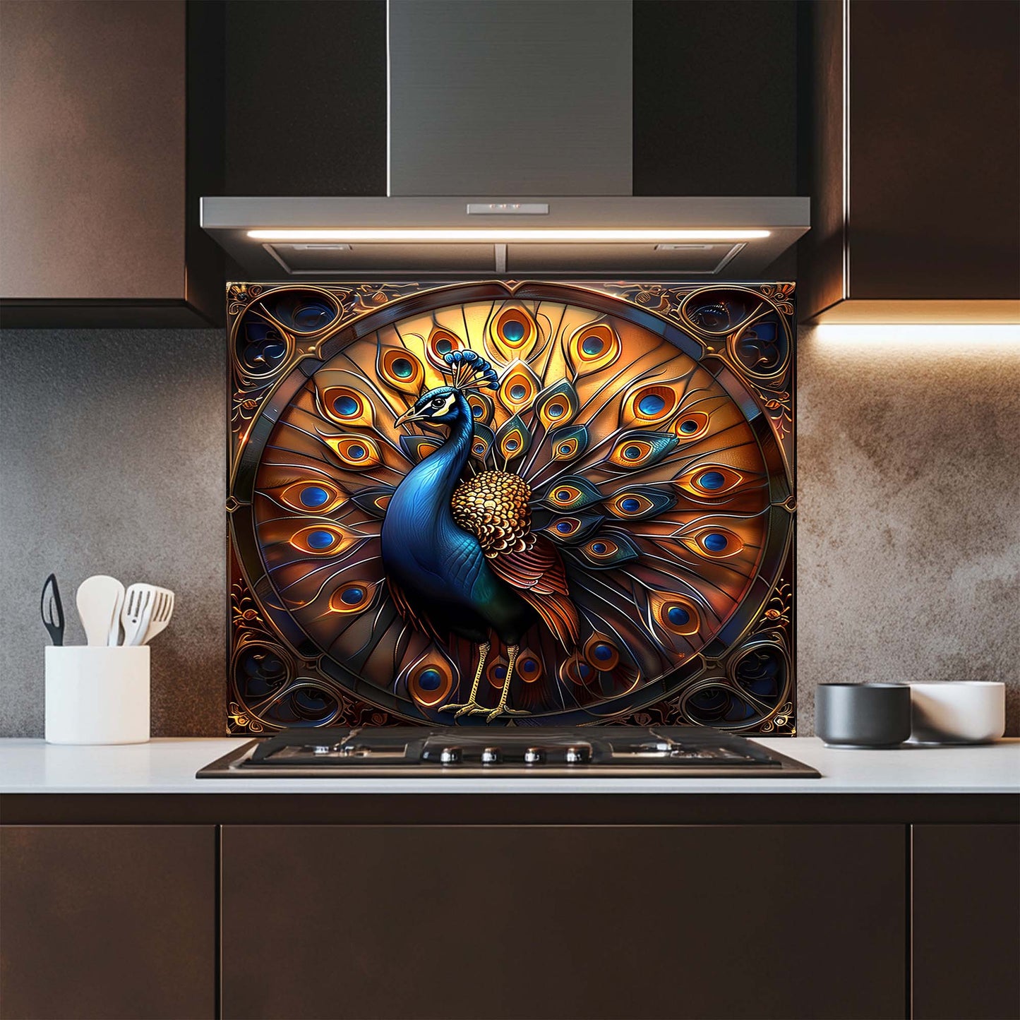 Royal Bloom – Tempered Glass Backsplash for Kitchen Stove | Majestic Peacock Backsplash