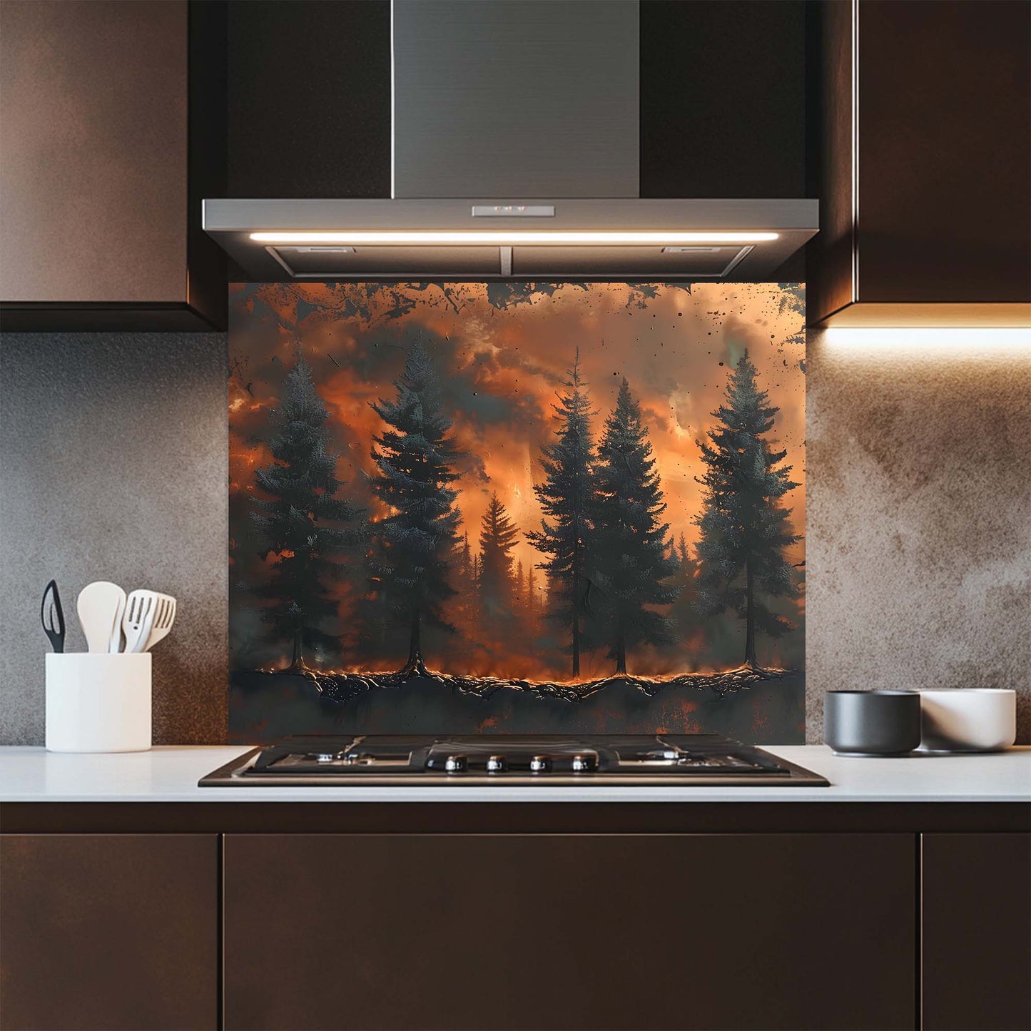 Ash Rise – Tempered Glass Backsplash for Kitchen Stove | Wild Forest in Fire Scene Backsplash