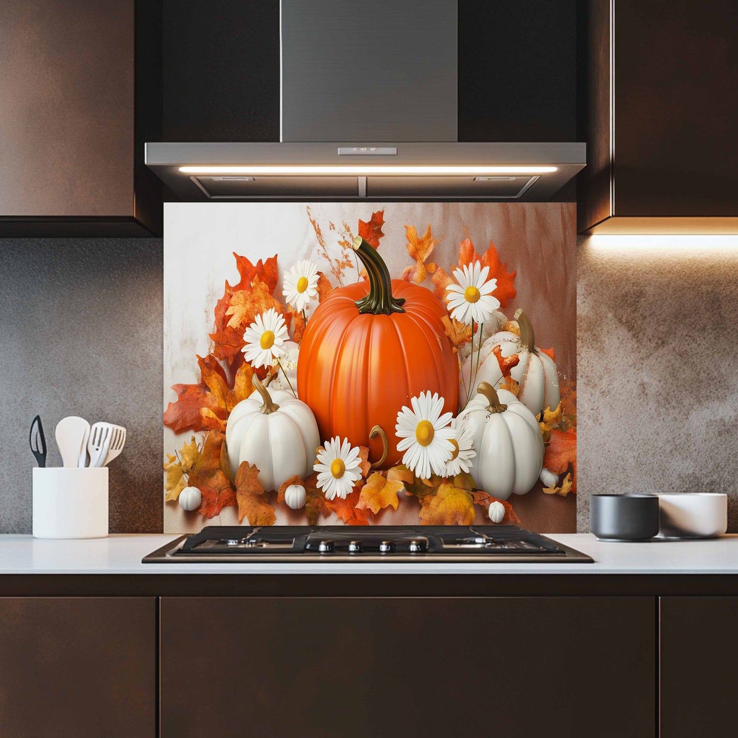 Pumpkin Bloom Tempered Glass Backsplash – Autumn Floral Kitchen Wall Art