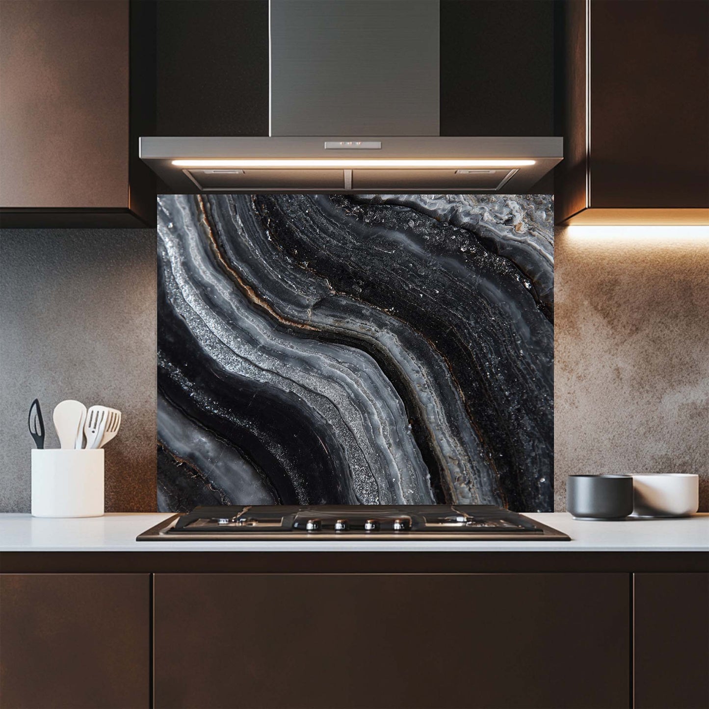Obsidian Veins – Tempered Glass Backsplash for Kitchen | Luxe Monochrome Backsplash