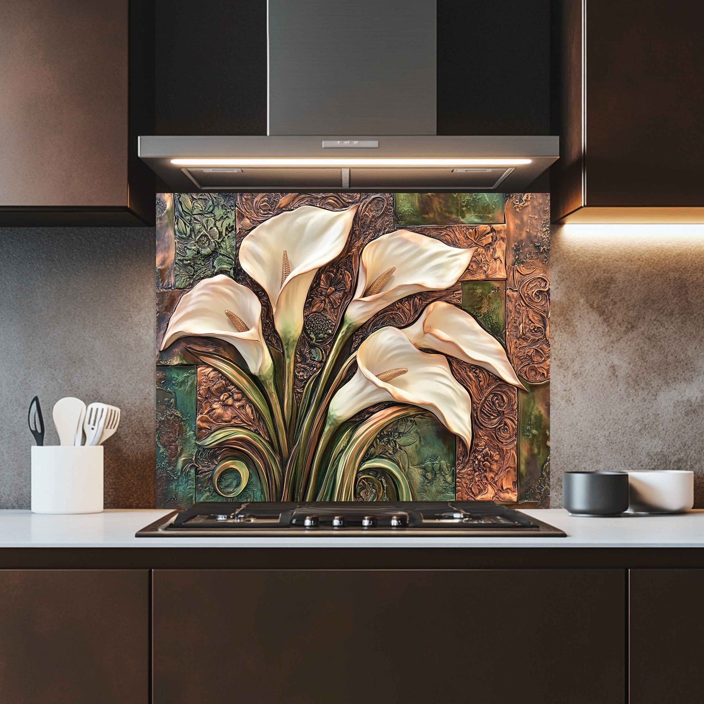 Tempered Glass Kitchen Backsplash With Bronze Calla Bloom Design