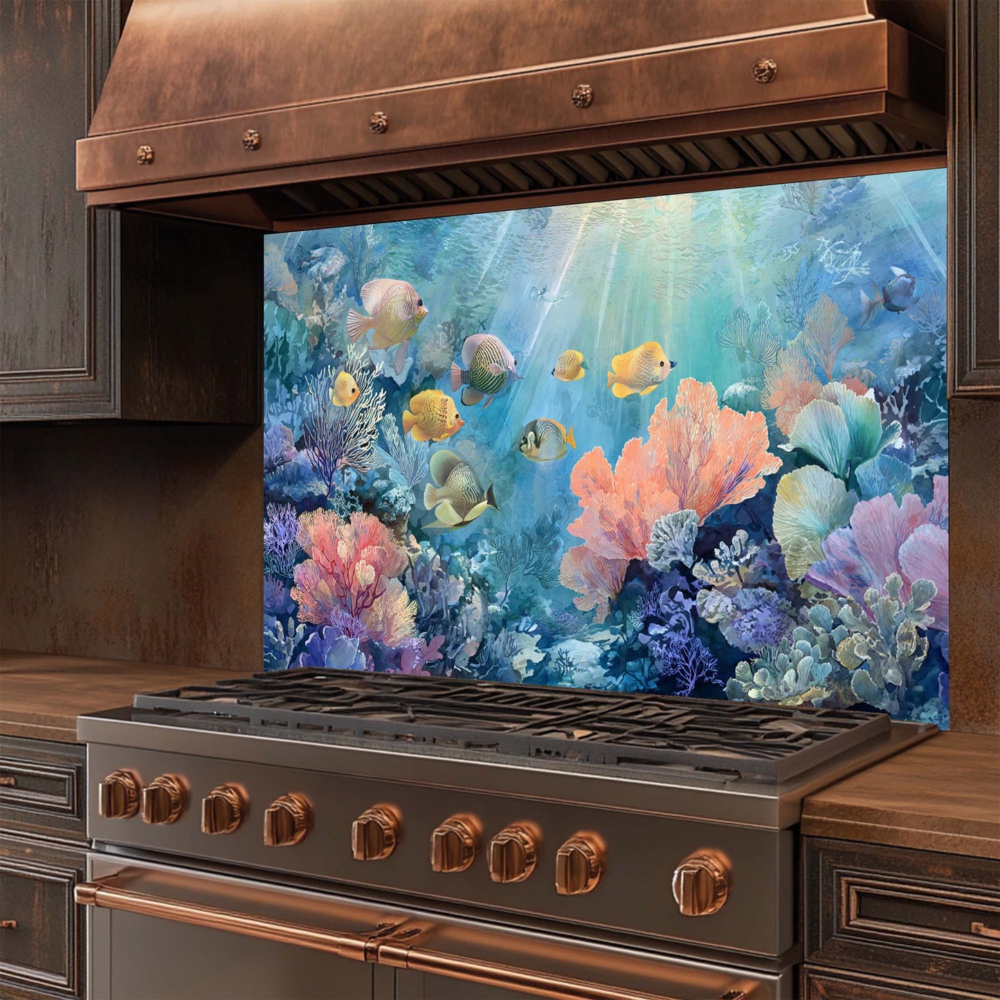 Aqua Garden – Tempered Glass Backsplash for Kitchen | Vibrant Ocean Fantasy Backsplash