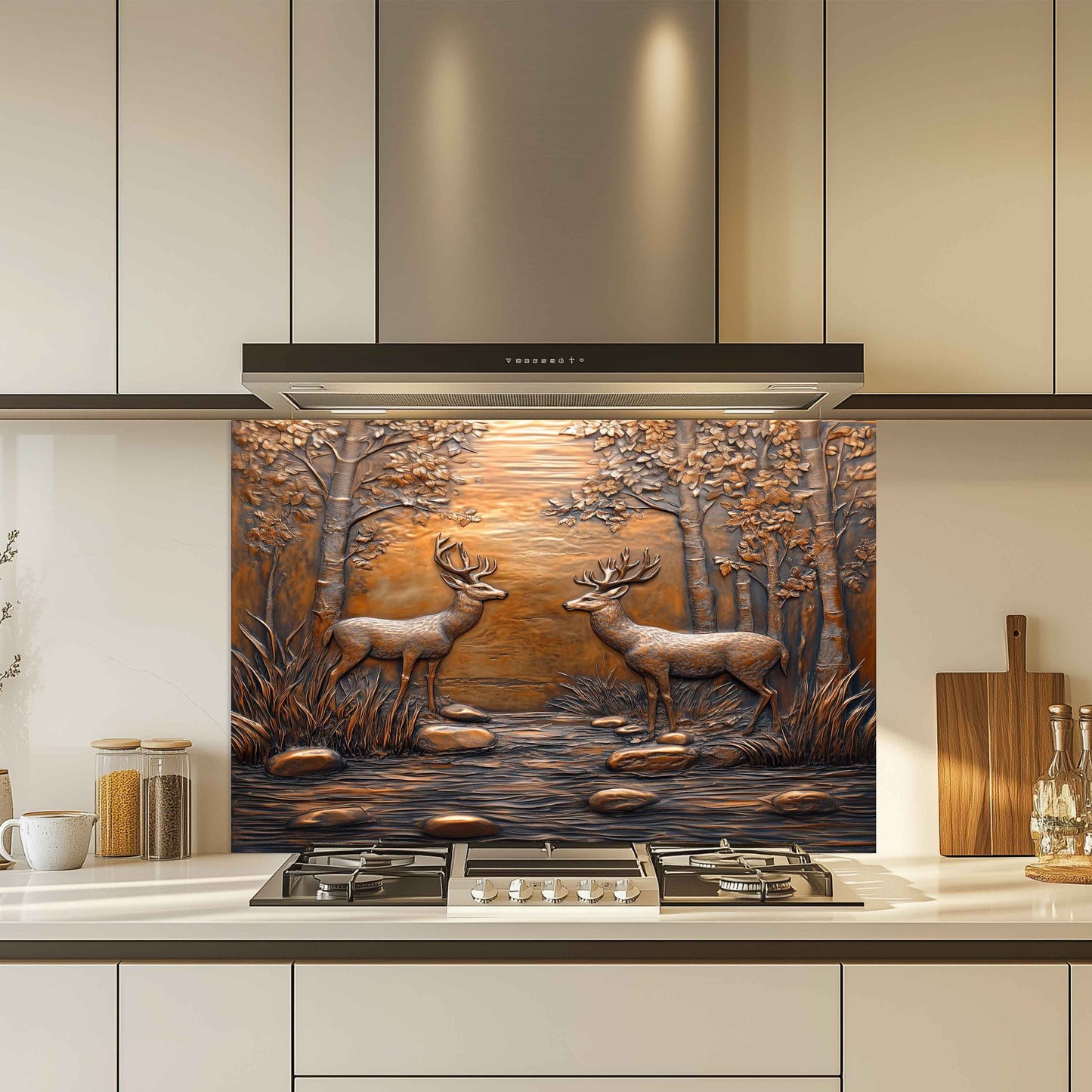 Forest Encounter Tempered Glass Backsplash – Deer Scene Kitchen Backsplash Panel