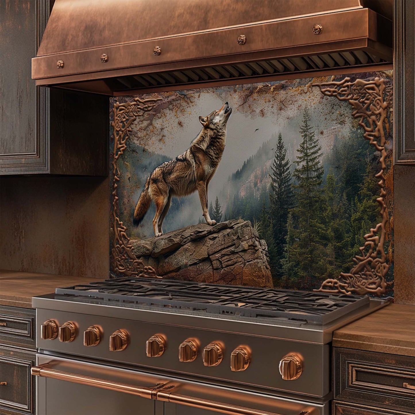 Howl Spirit – Tempered Glass Backsplash for Kitchen | Wolf and Forest Landscape Backsplash