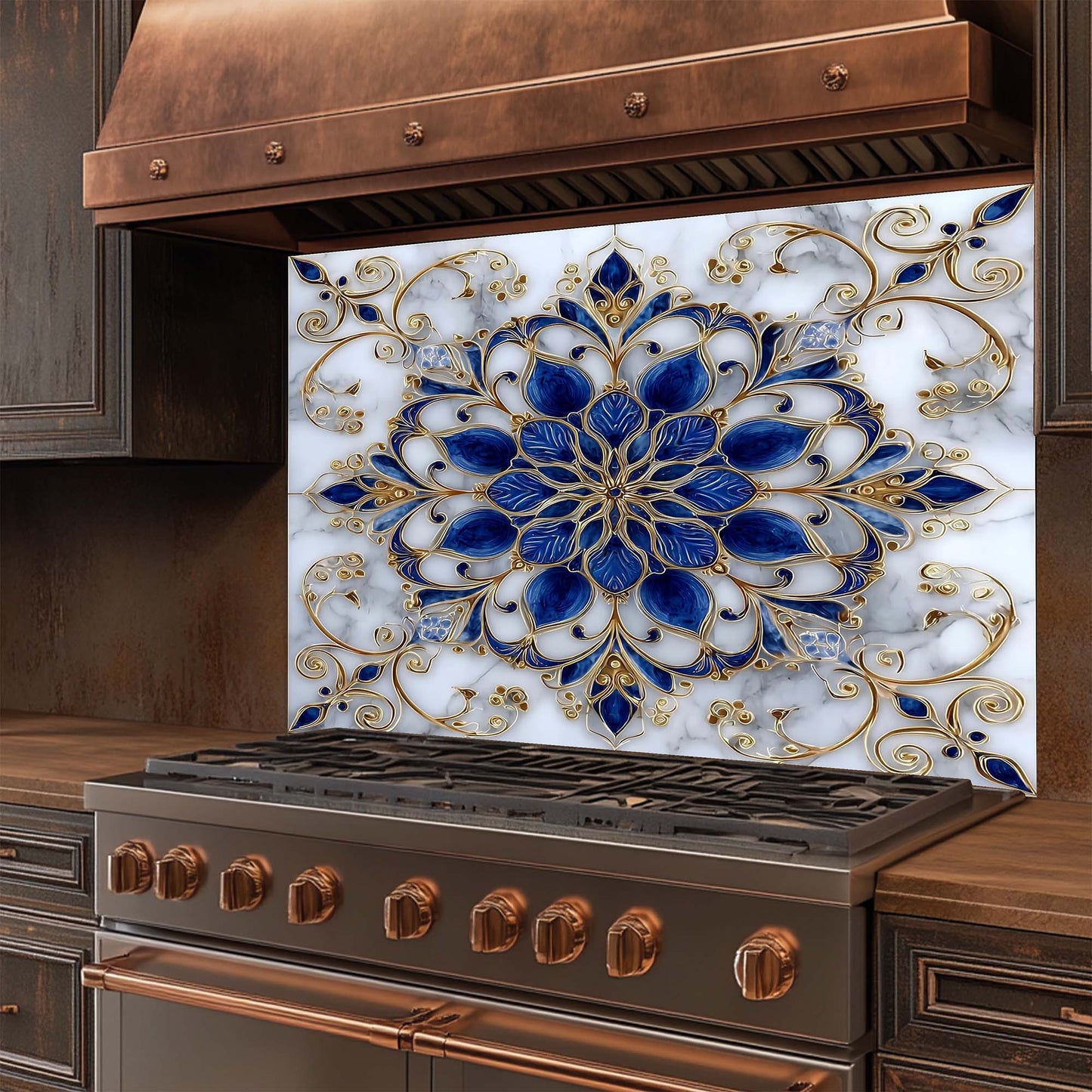 Majestic Sapphire – Tempered Glass Backsplash for Kitchen – Blue & Gold Mandala Splashback