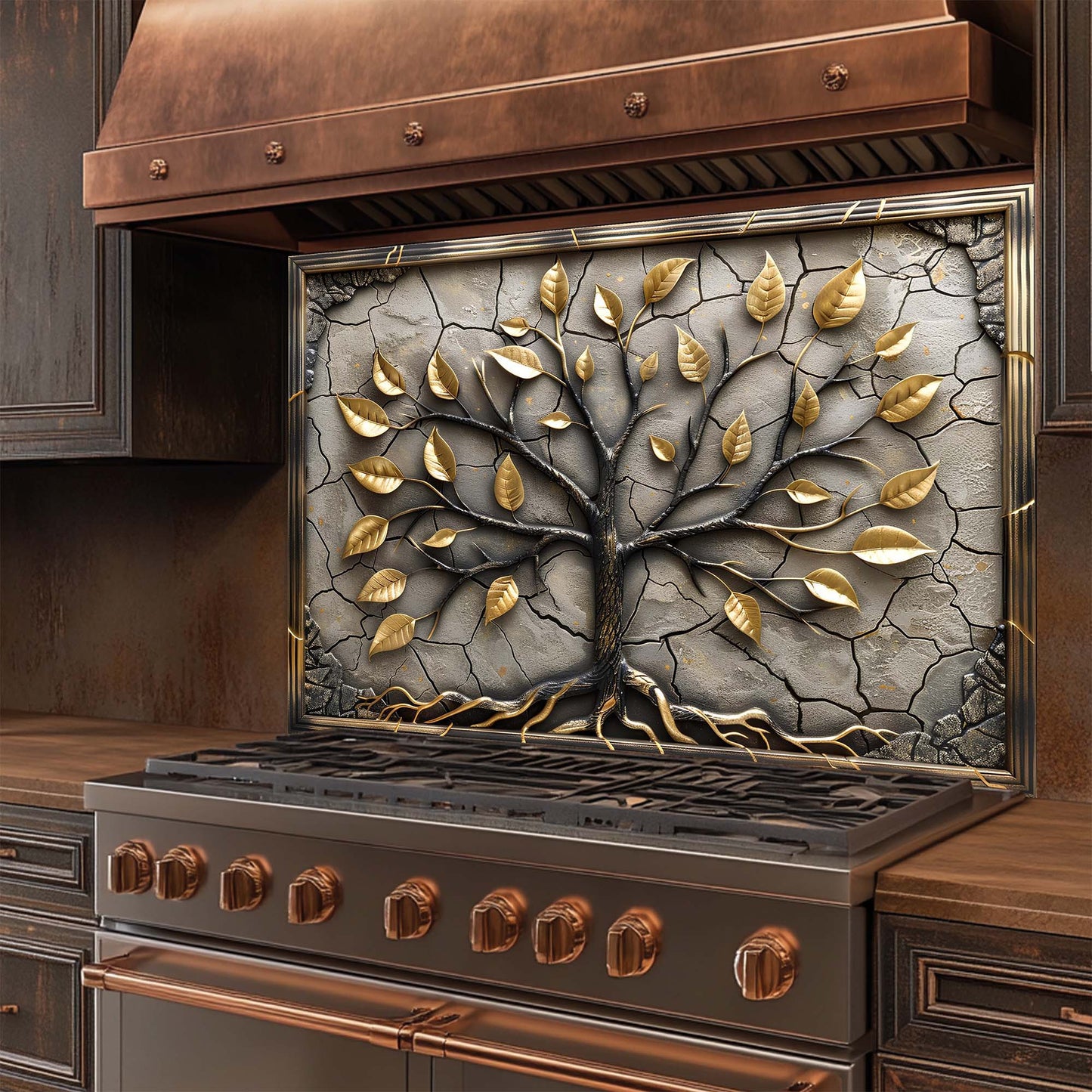 Golden Roots – Tempered Glass Backsplash for Kitchen – Tree of Life Kitchen Splashback