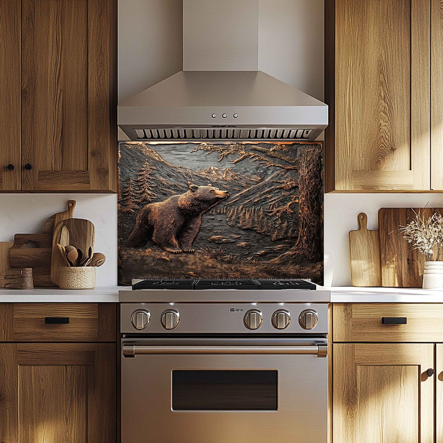 Mountain Whisper Tempered Glass Backsplash – Bear in Forest Kitchen Backsplash Panel