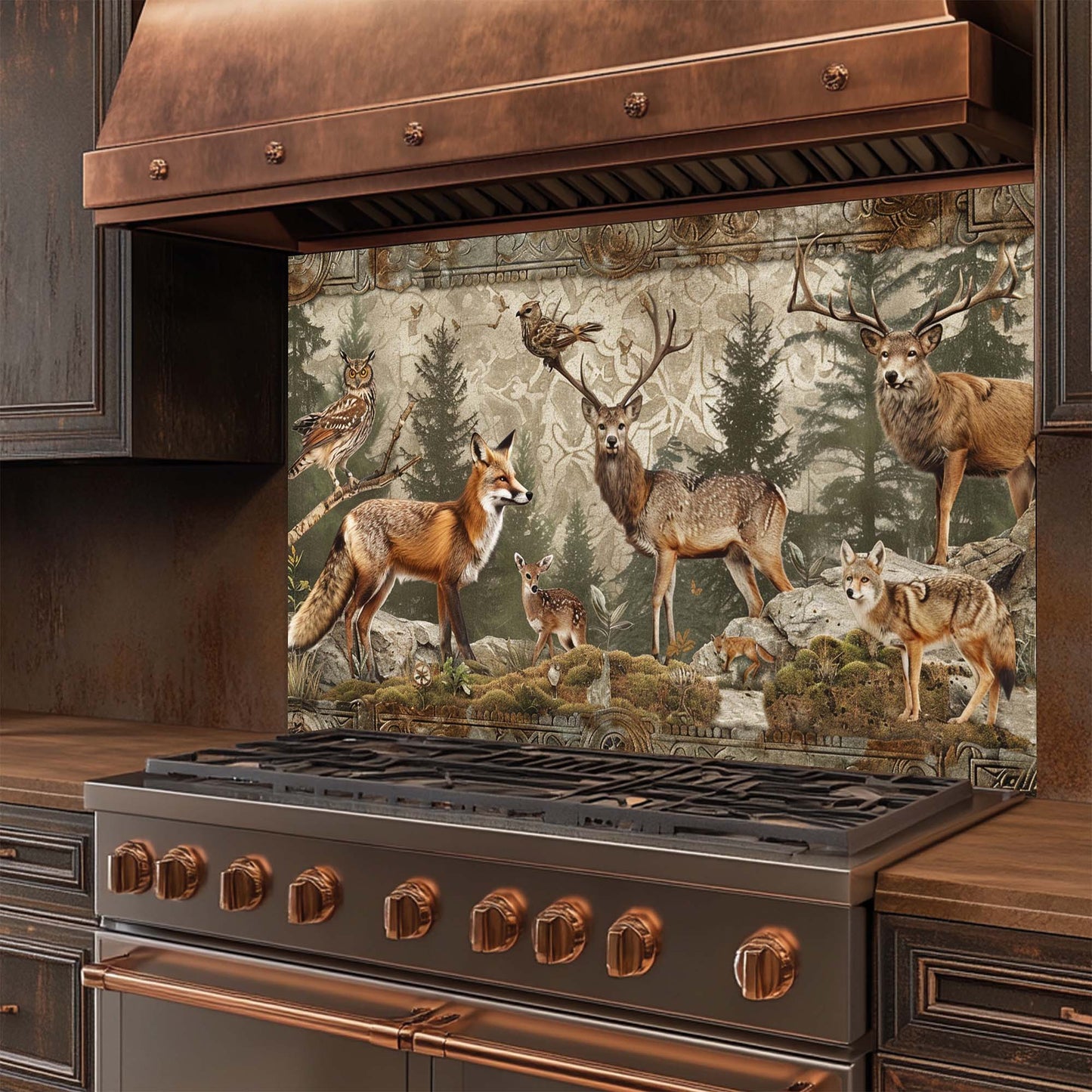 Forest Council – Tempered Glass Backsplash for Kitchen | Deer, Fox, Owl Scene Backsplash
